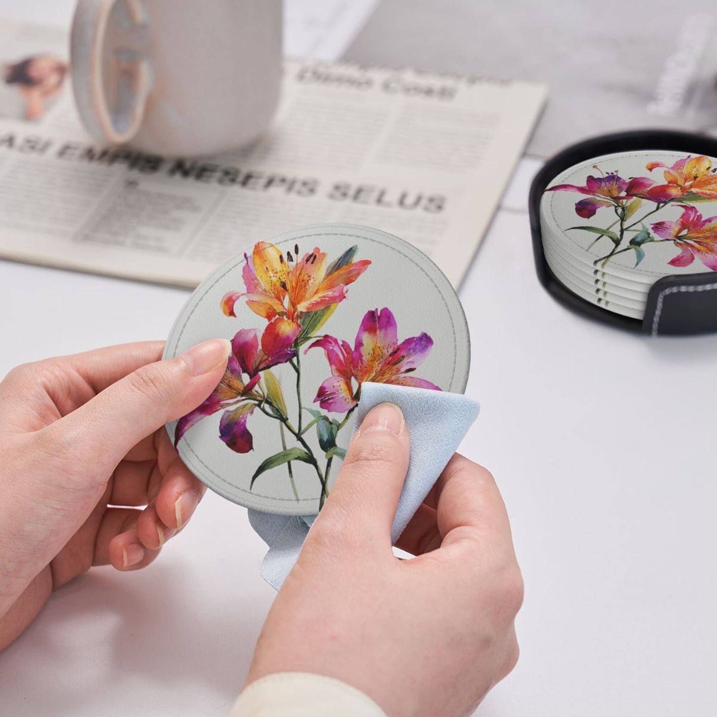 Round Floral Leather Coaster Set of 6 with Holder – Water-Resistant, Heat-Insulated, Easy to Clean