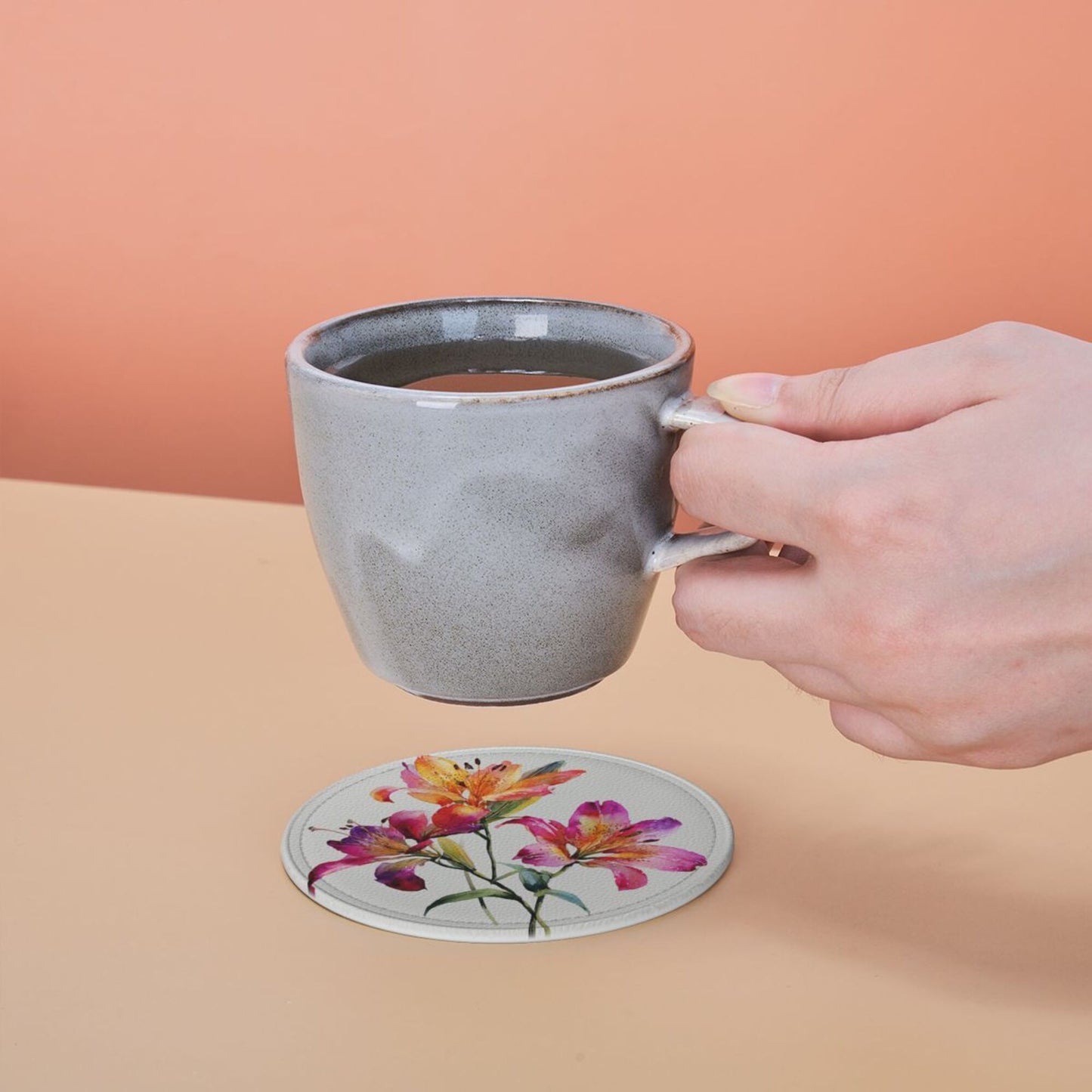 Round Floral Leather Coaster Set of 6 with Holder – Water-Resistant, Heat-Insulated, Easy to Clean