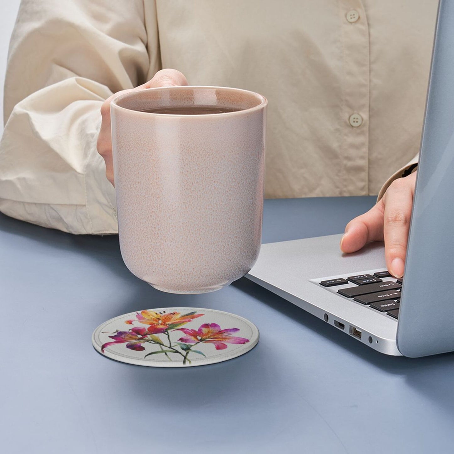 Round Floral Leather Coaster Set of 6 with Holder – Water-Resistant, Heat-Insulated, Easy to Clean