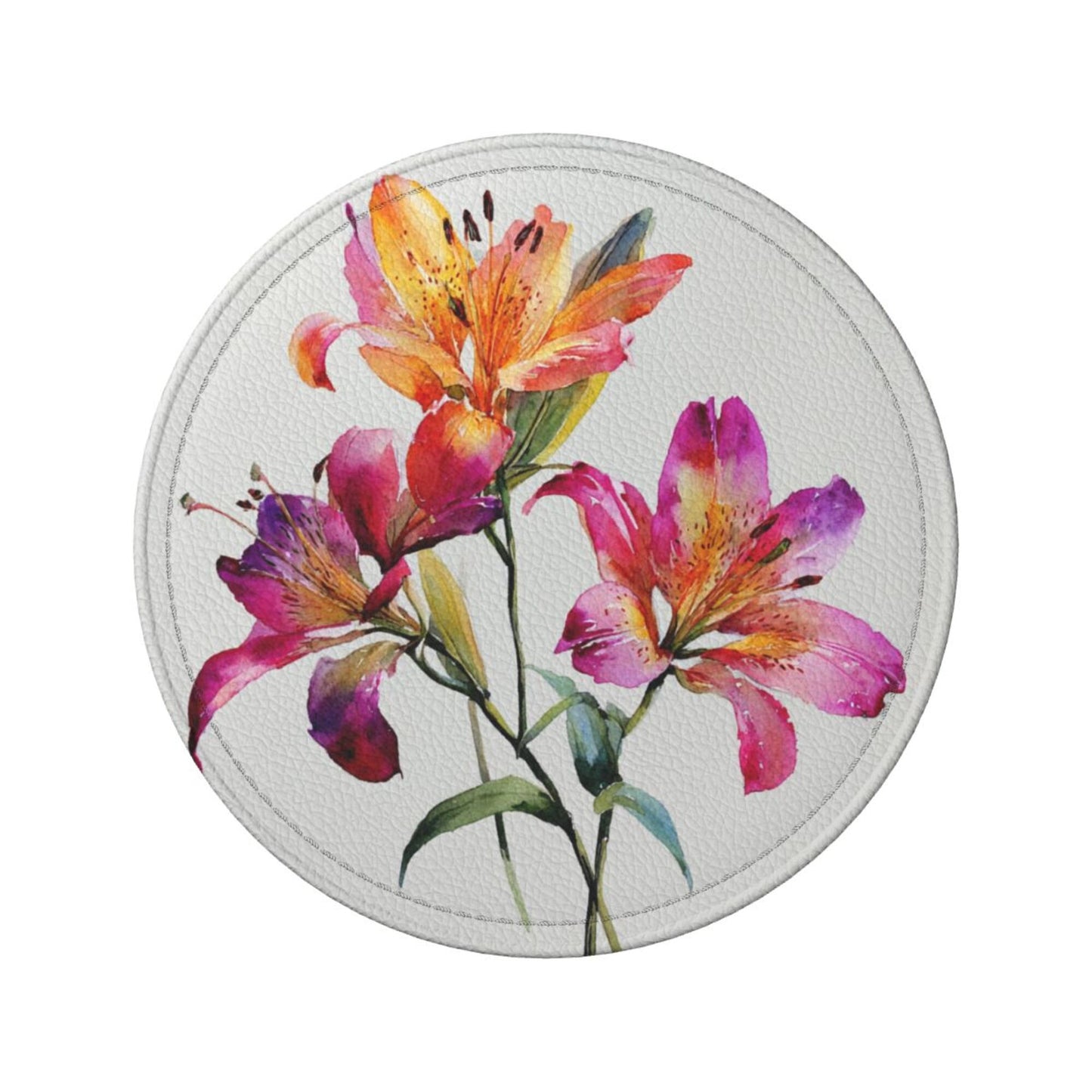 Round Floral Leather Coaster Set of 6 with Holder – Water-Resistant, Heat-Insulated, Easy to Clean