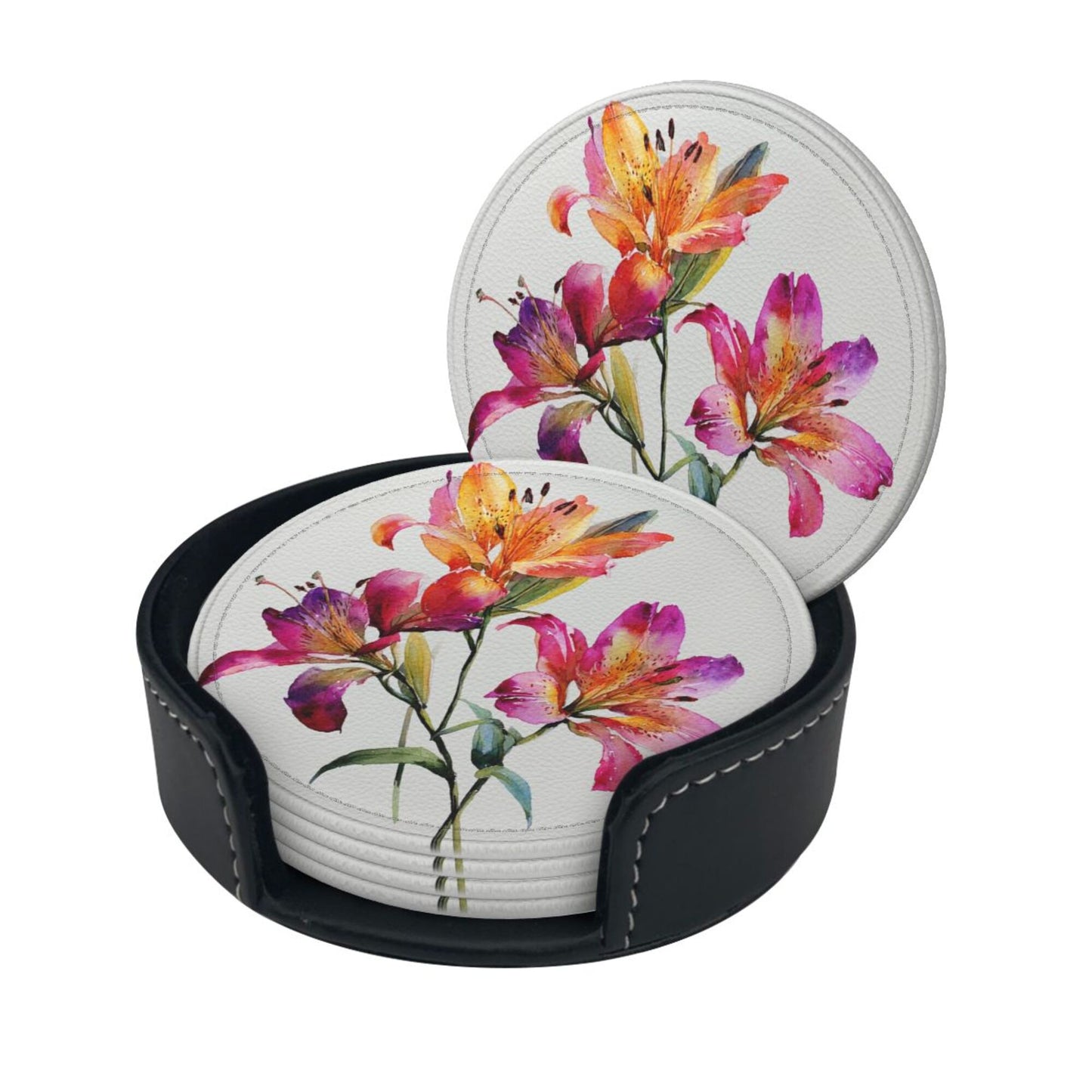 Round Floral Leather Coaster Set of 6 with Holder – Water-Resistant, Heat-Insulated, Easy to Clean