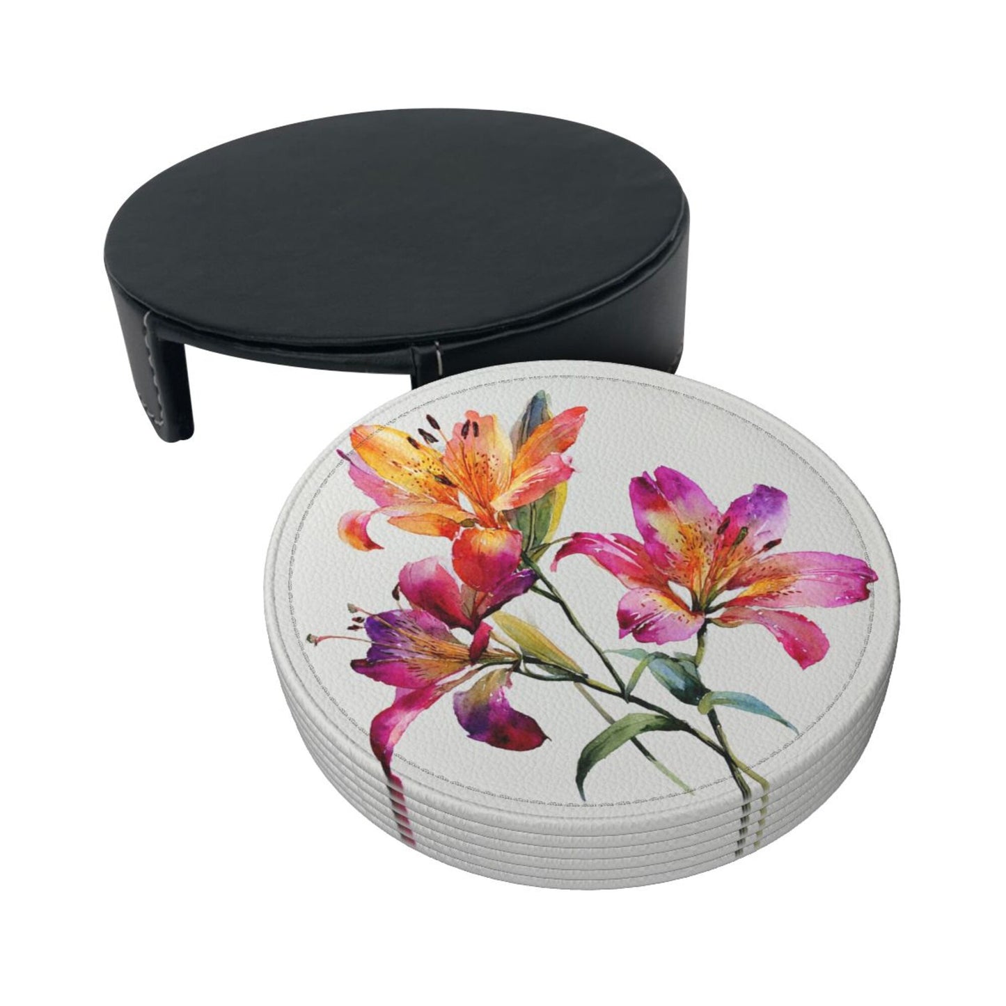 Round Floral Leather Coaster Set of 6 with Holder – Water-Resistant, Heat-Insulated, Easy to Clean