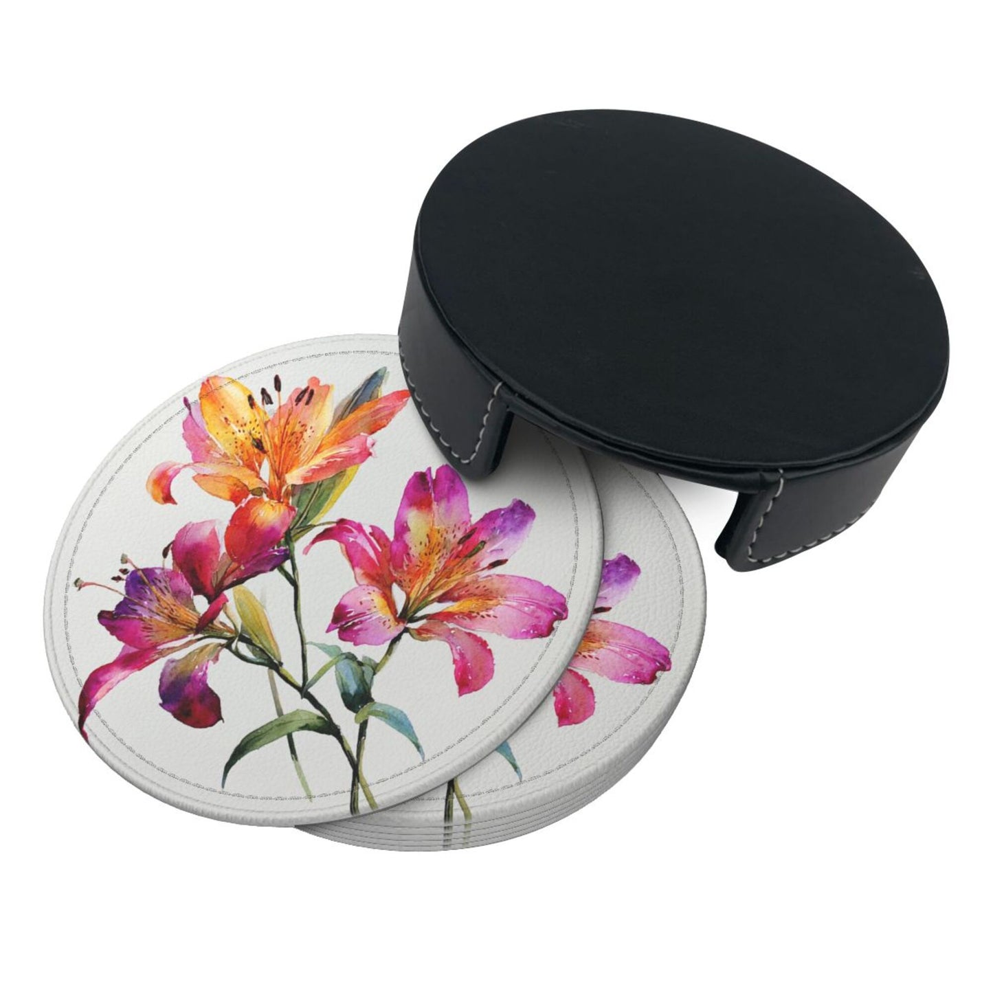 Round Floral Leather Coaster Set of 6 with Holder – Water-Resistant, Heat-Insulated, Easy to Clean