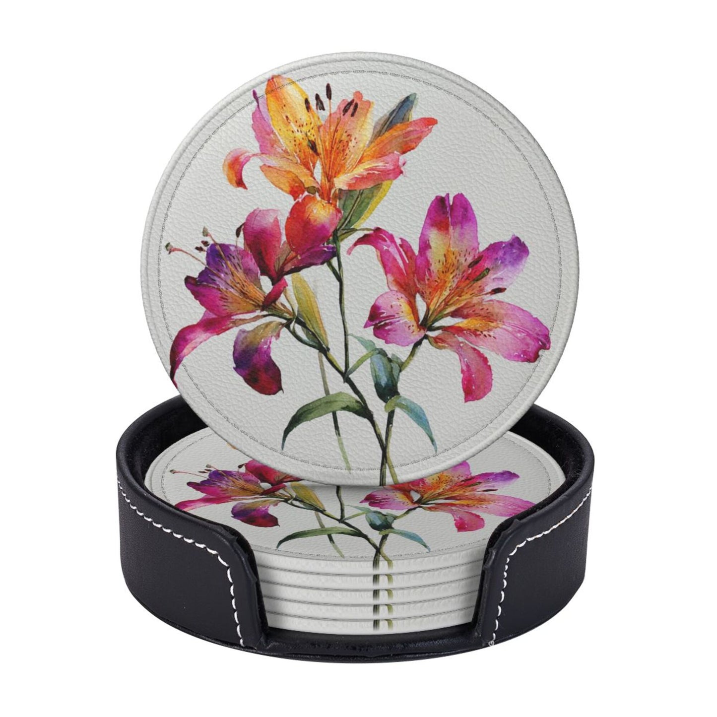 Round Floral Leather Coaster Set of 6 with Holder – Water-Resistant, Heat-Insulated, Easy to Clean