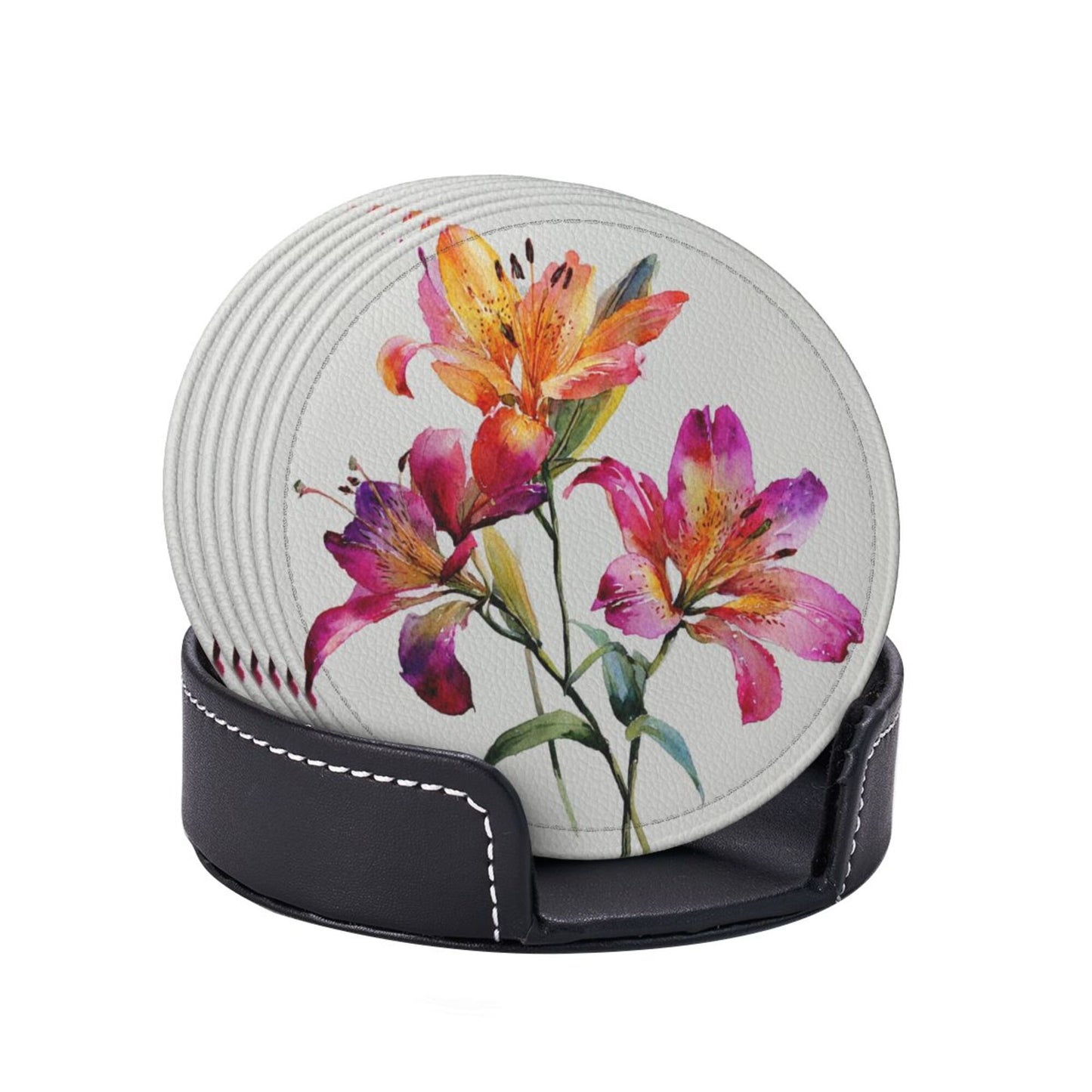 Round Floral Leather Coaster Set of 6 with Holder – Water-Resistant, Heat-Insulated, Easy to Clean