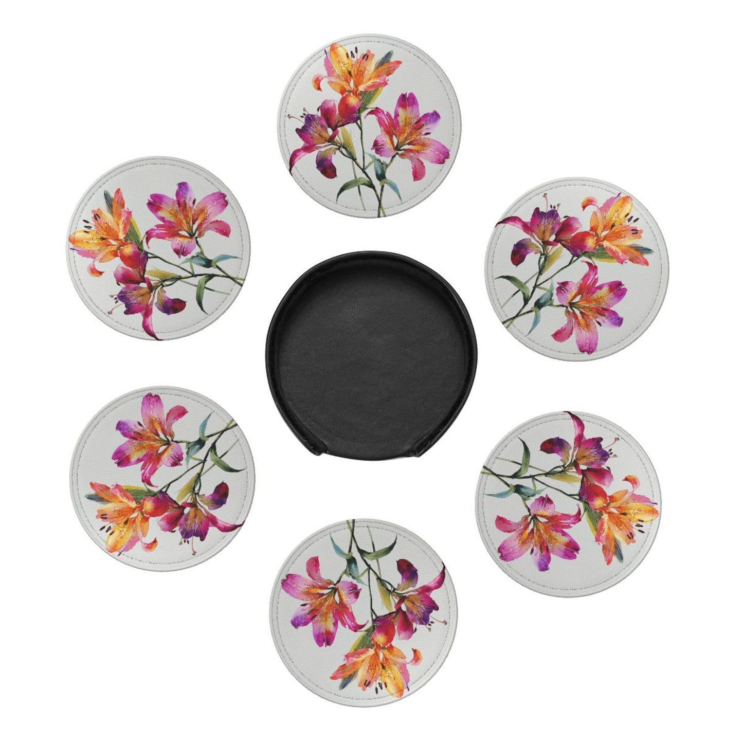 Round Floral Leather Coaster Set of 6 with Holder – Water-Resistant, Heat-Insulated, Easy to Clean