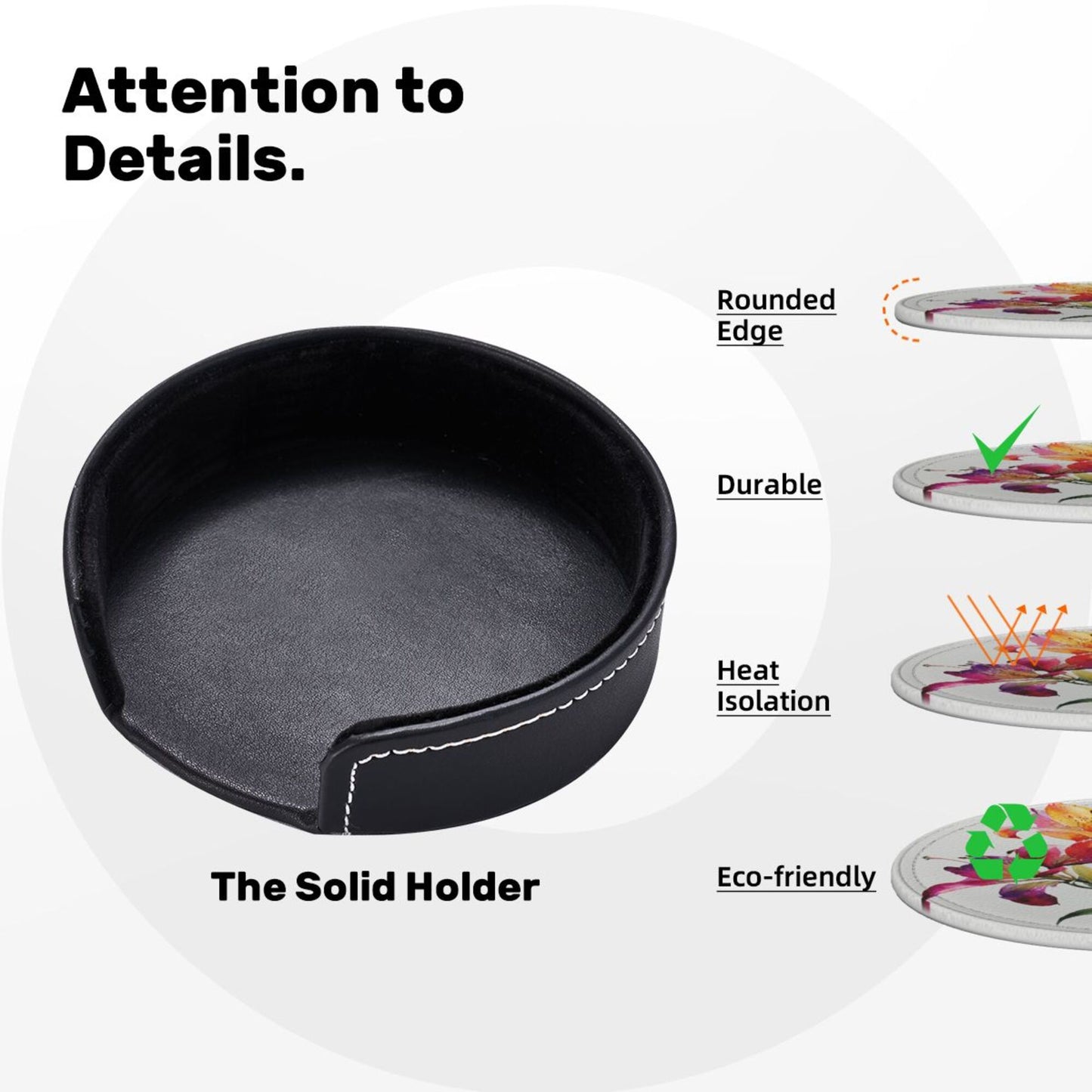 Round Floral Leather Coaster Set of 6 with Holder – Water-Resistant, Heat-Insulated, Easy to Clean