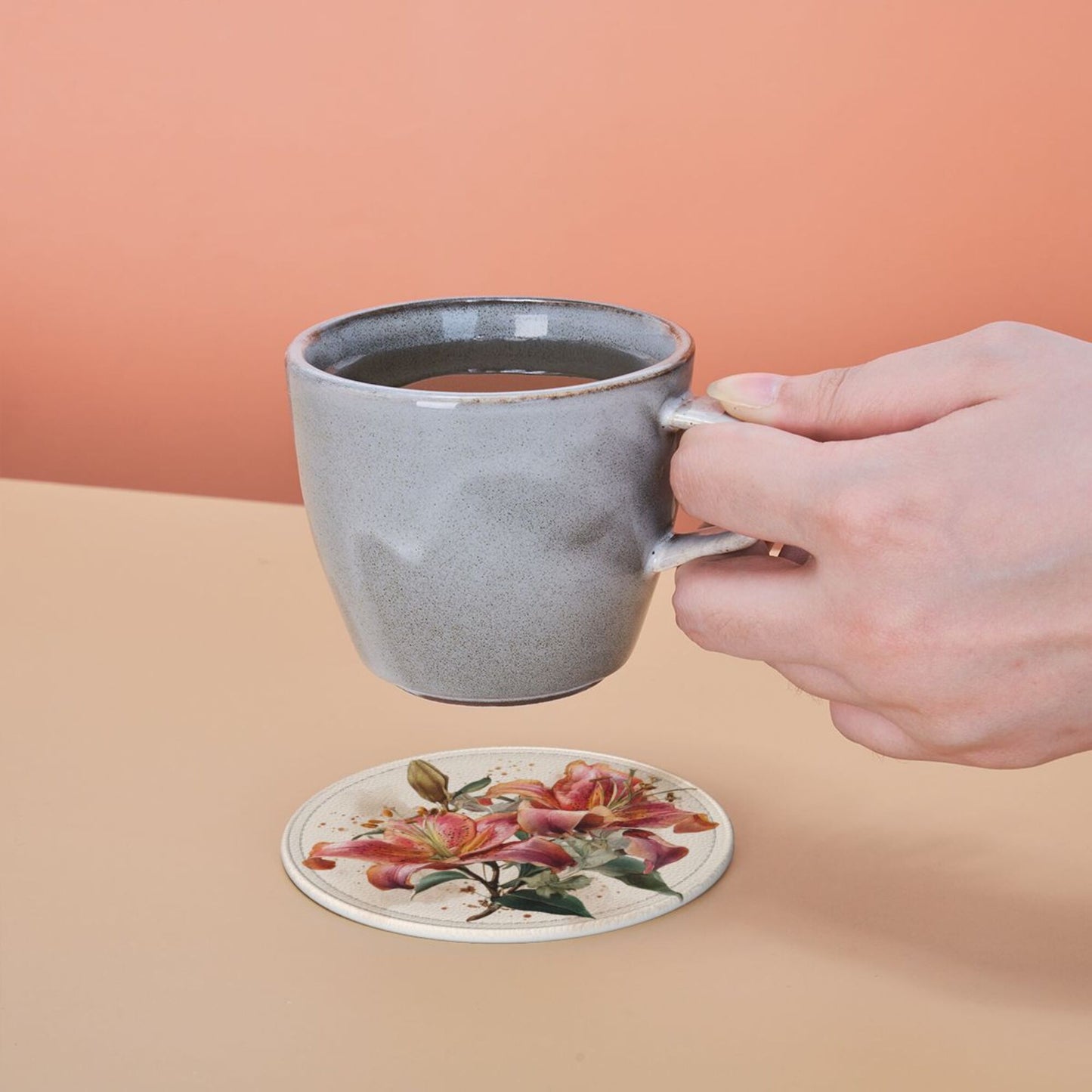 Round Floral Leather Coaster Set of 6 – Water-Resistant, Heat Insulated, Durable with Leather Holder