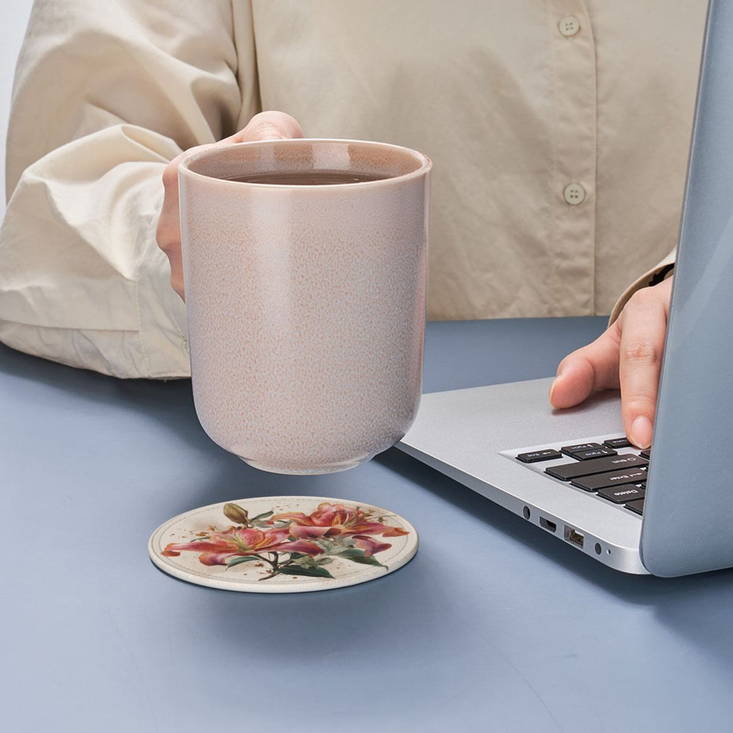 Round Floral Leather Coaster Set of 6 – Water-Resistant, Heat Insulated, Durable with Leather Holder