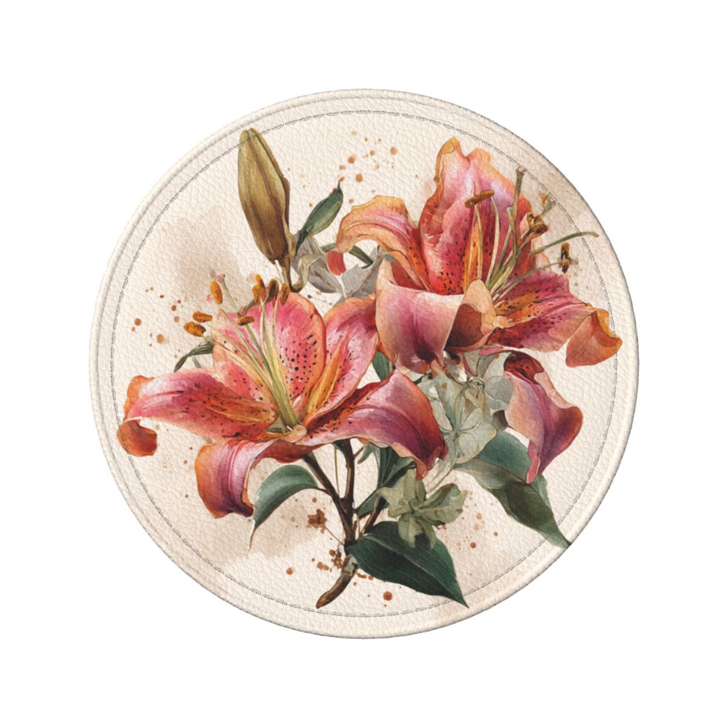 Round Floral Leather Coaster Set of 6 – Water-Resistant, Heat Insulated, Durable with Leather Holder