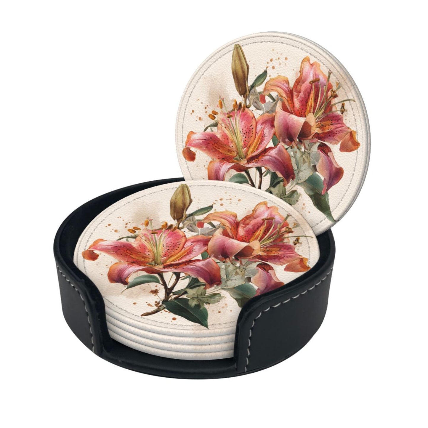 Round Floral Leather Coaster Set of 6 – Water-Resistant, Heat Insulated, Durable with Leather Holder
