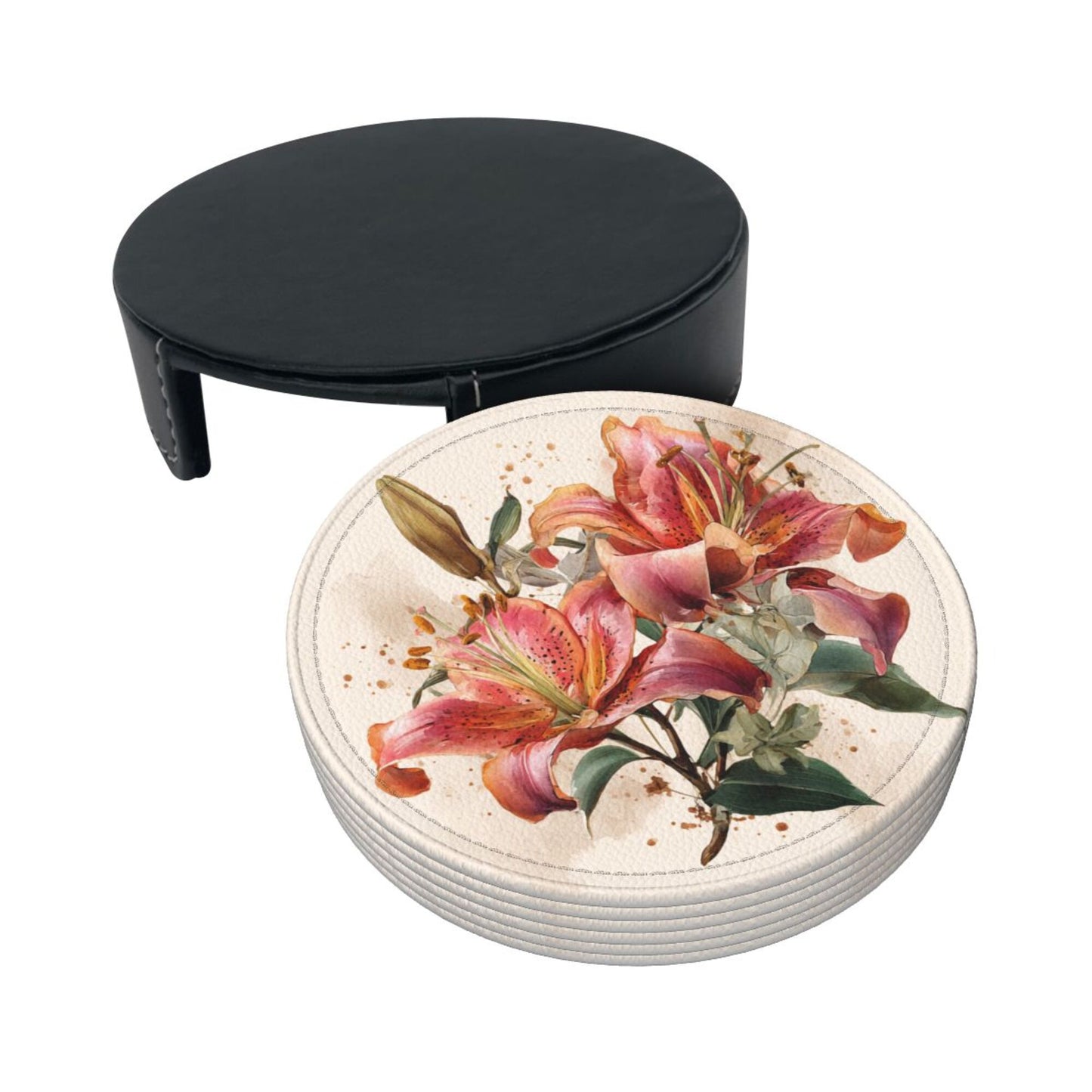 Round Floral Leather Coaster Set of 6 – Water-Resistant, Heat Insulated, Durable with Leather Holder