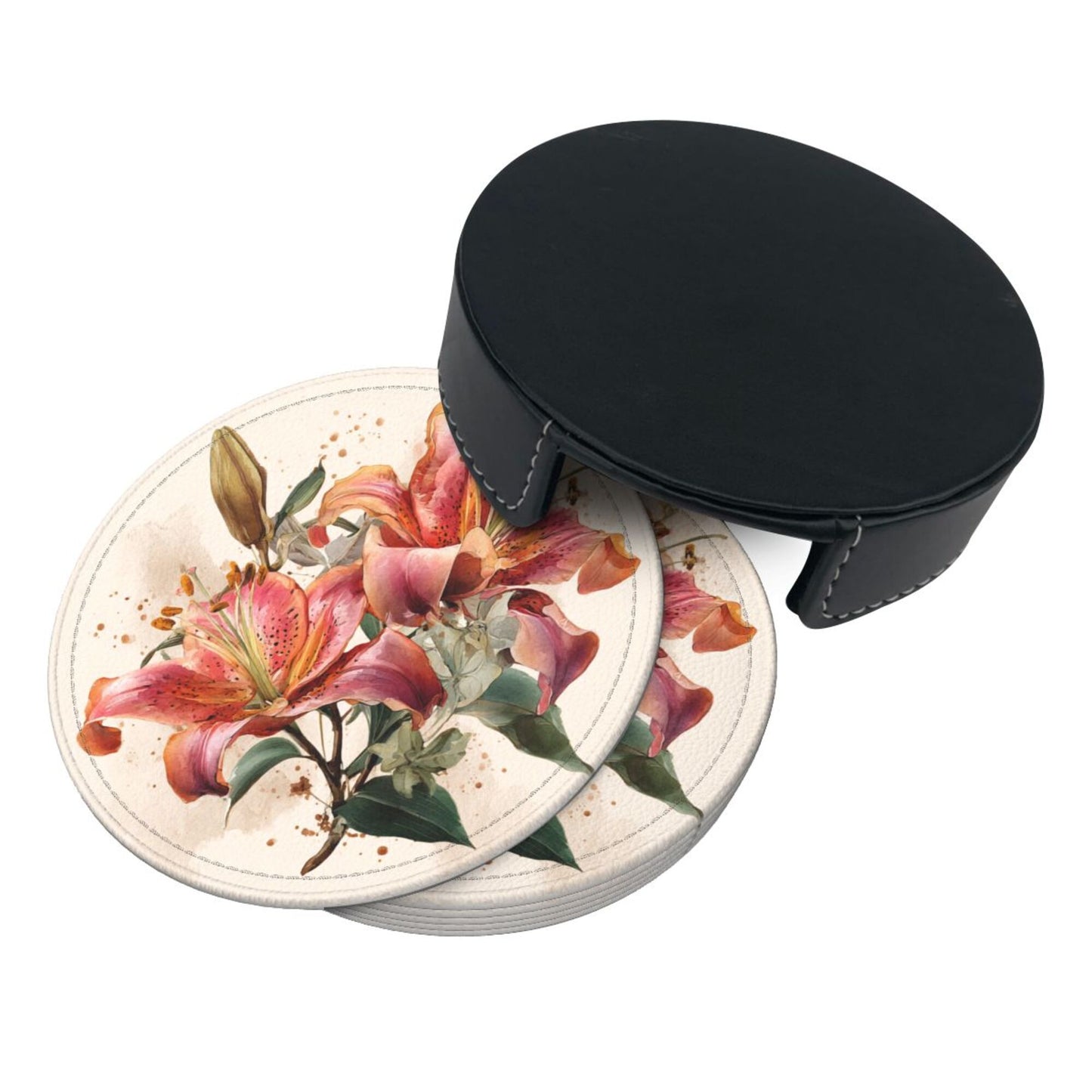 Round Floral Leather Coaster Set of 6 – Water-Resistant, Heat Insulated, Durable with Leather Holder
