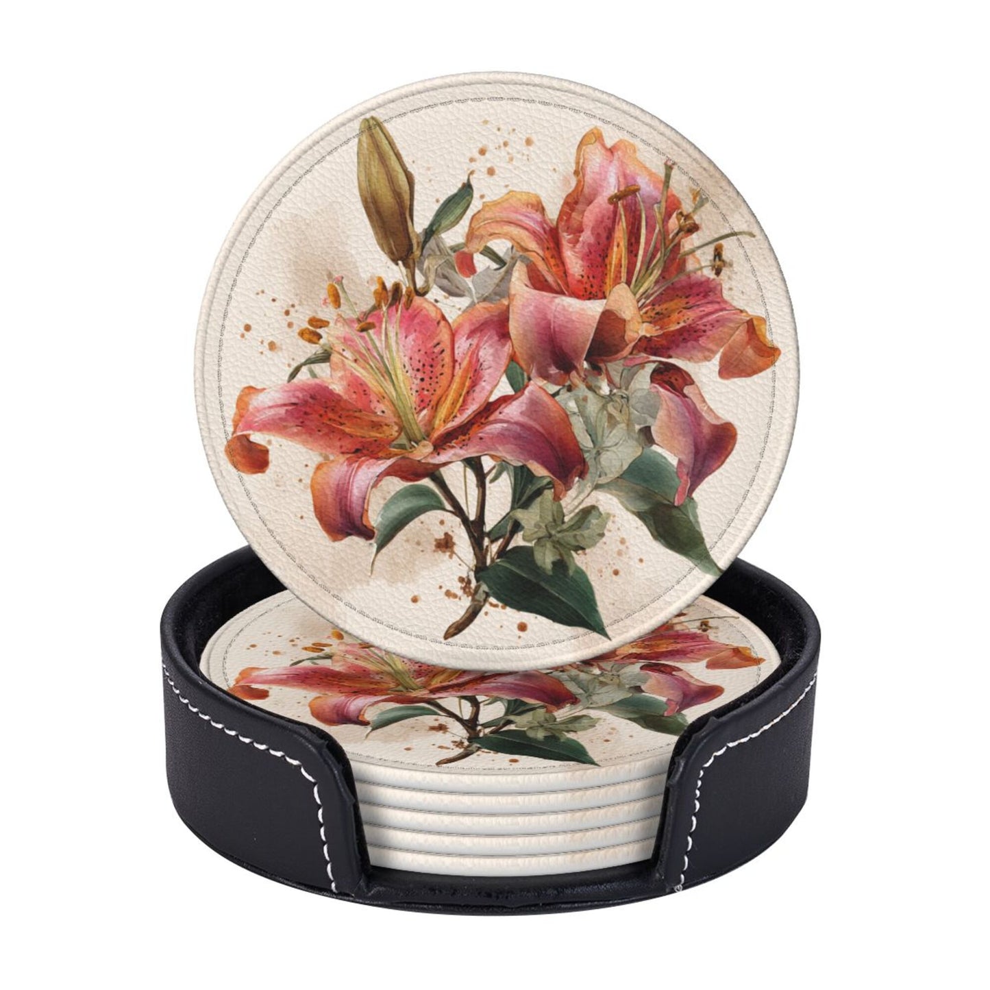 Round Floral Leather Coaster Set of 6 – Water-Resistant, Heat Insulated, Durable with Leather Holder
