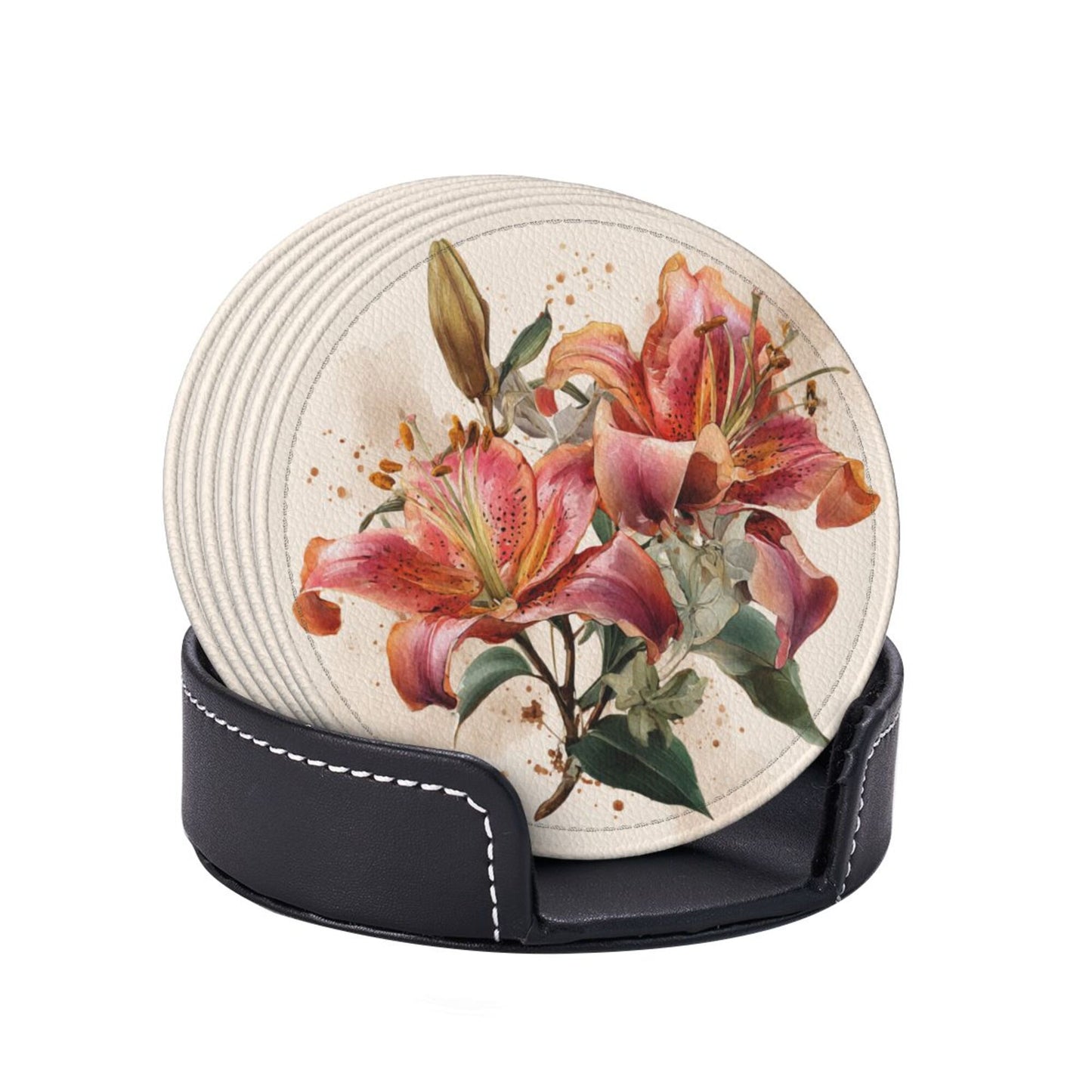 Round Floral Leather Coaster Set of 6 – Water-Resistant, Heat Insulated, Durable with Leather Holder