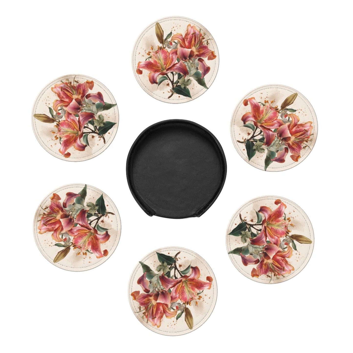 Round Floral Leather Coaster Set of 6 – Water-Resistant, Heat Insulated, Durable with Leather Holder