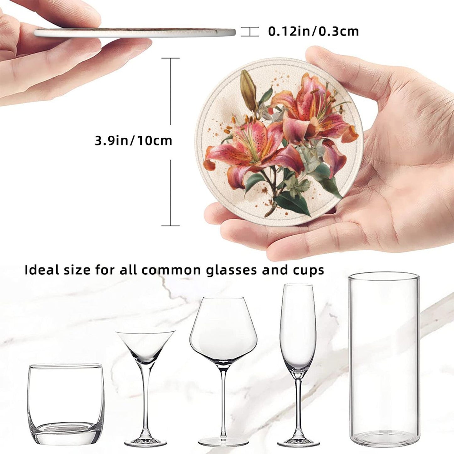 Round Floral Leather Coaster Set of 6 – Water-Resistant, Heat Insulated, Durable with Leather Holder