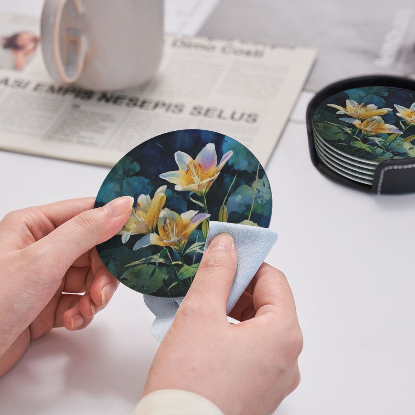 Watercolor Lily Round Leather Coaster Set (6 Pieces with Storage Box) - Floral Pattern Heat - Insulated Cup Pads
