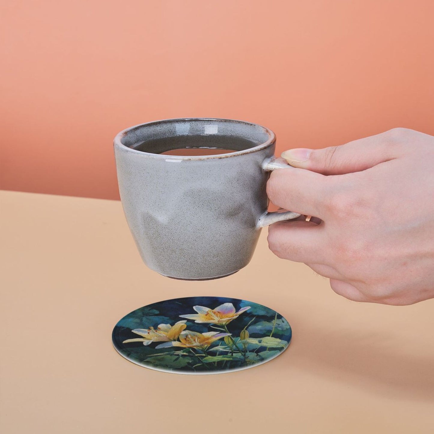 Watercolor Lily Round Leather Coaster Set (6 Pieces with Storage Box) - Floral Pattern Heat - Insulated Cup Pads