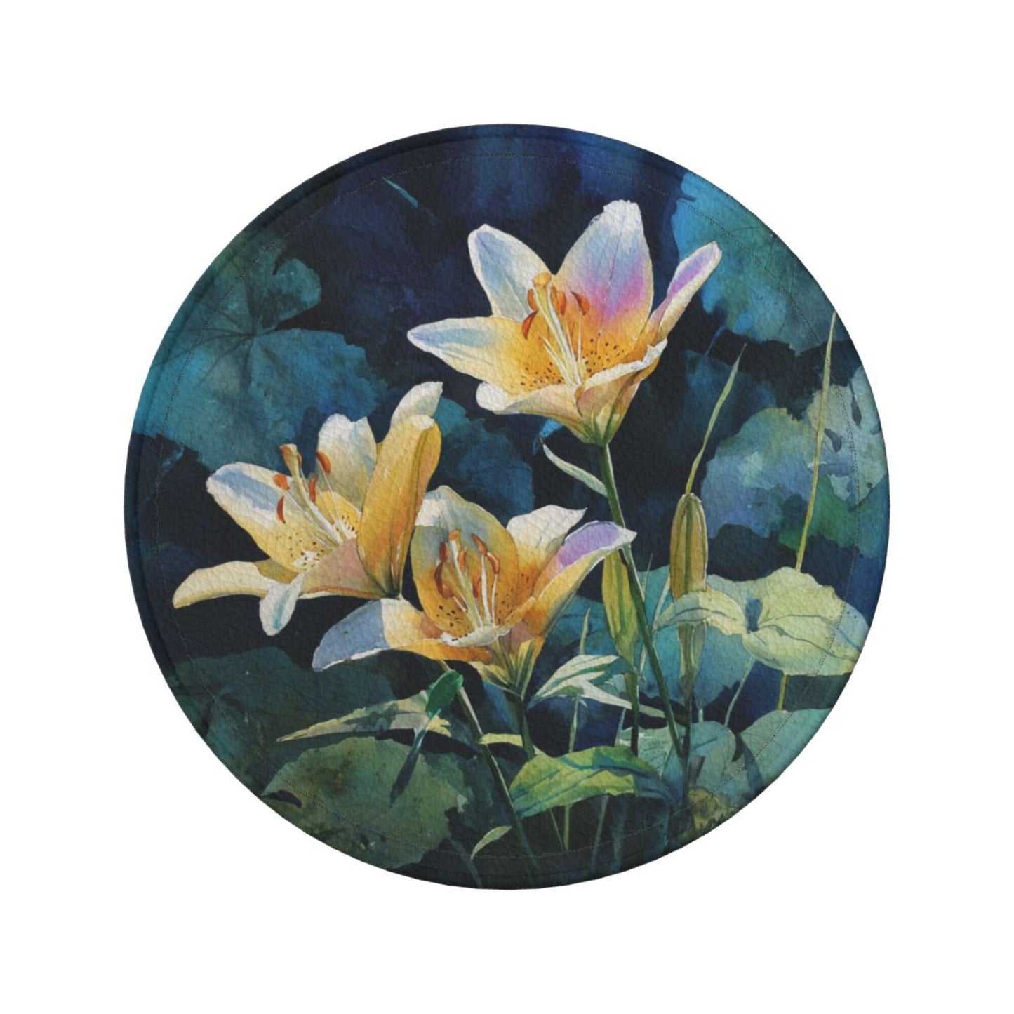 Watercolor Lily Round Leather Coaster Set (6 Pieces with Storage Box) - Floral Pattern Heat - Insulated Cup Pads