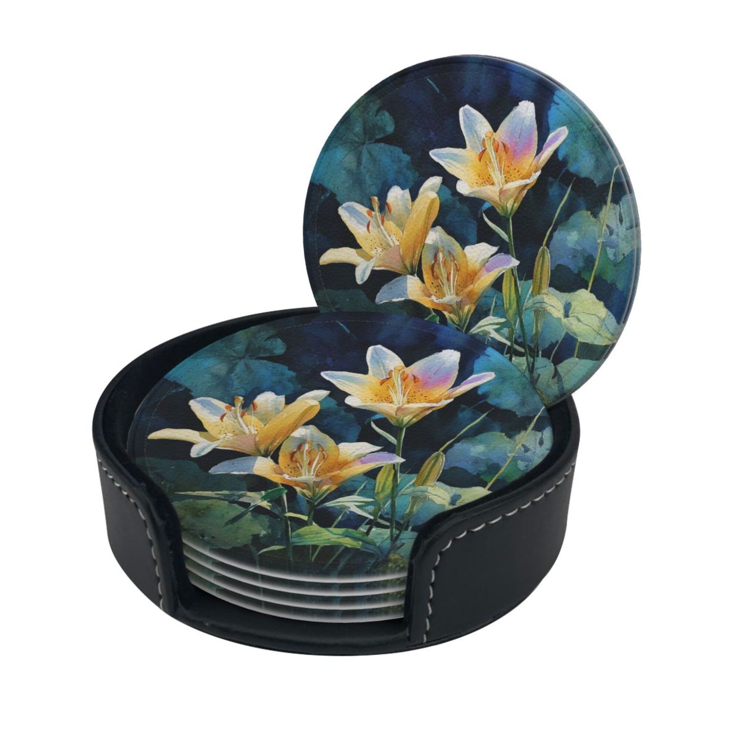 Watercolor Lily Round Leather Coaster Set (6 Pieces with Storage Box) - Floral Pattern Heat - Insulated Cup Pads