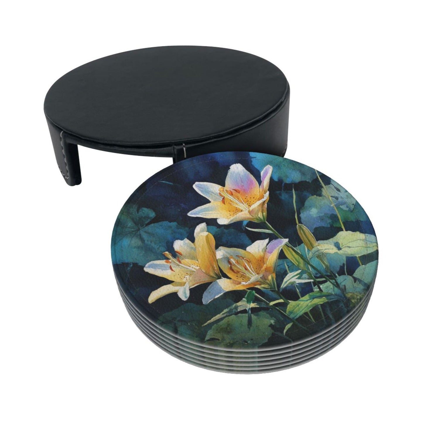 Watercolor Lily Round Leather Coaster Set (6 Pieces with Storage Box) - Floral Pattern Heat - Insulated Cup Pads