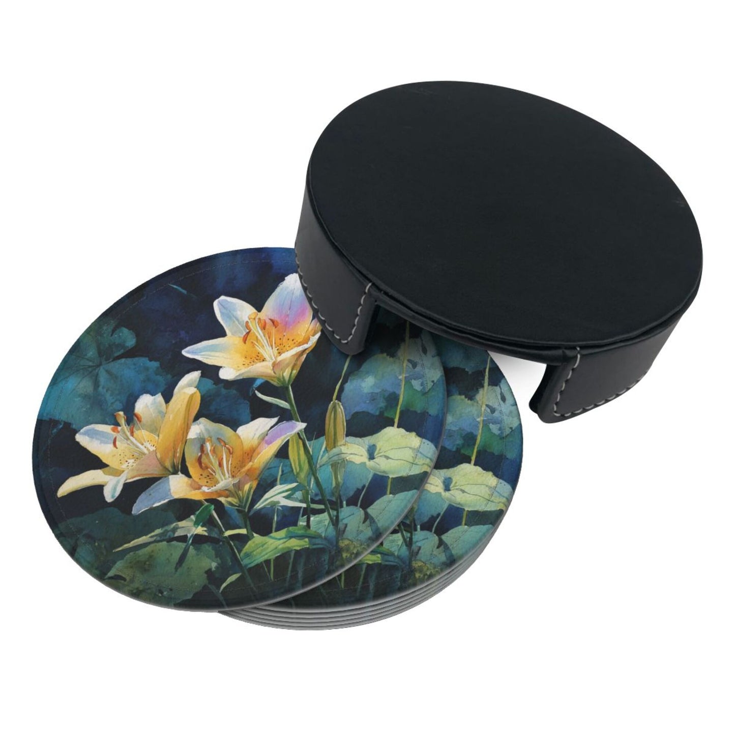 Watercolor Lily Round Leather Coaster Set (6 Pieces with Storage Box) - Floral Pattern Heat - Insulated Cup Pads