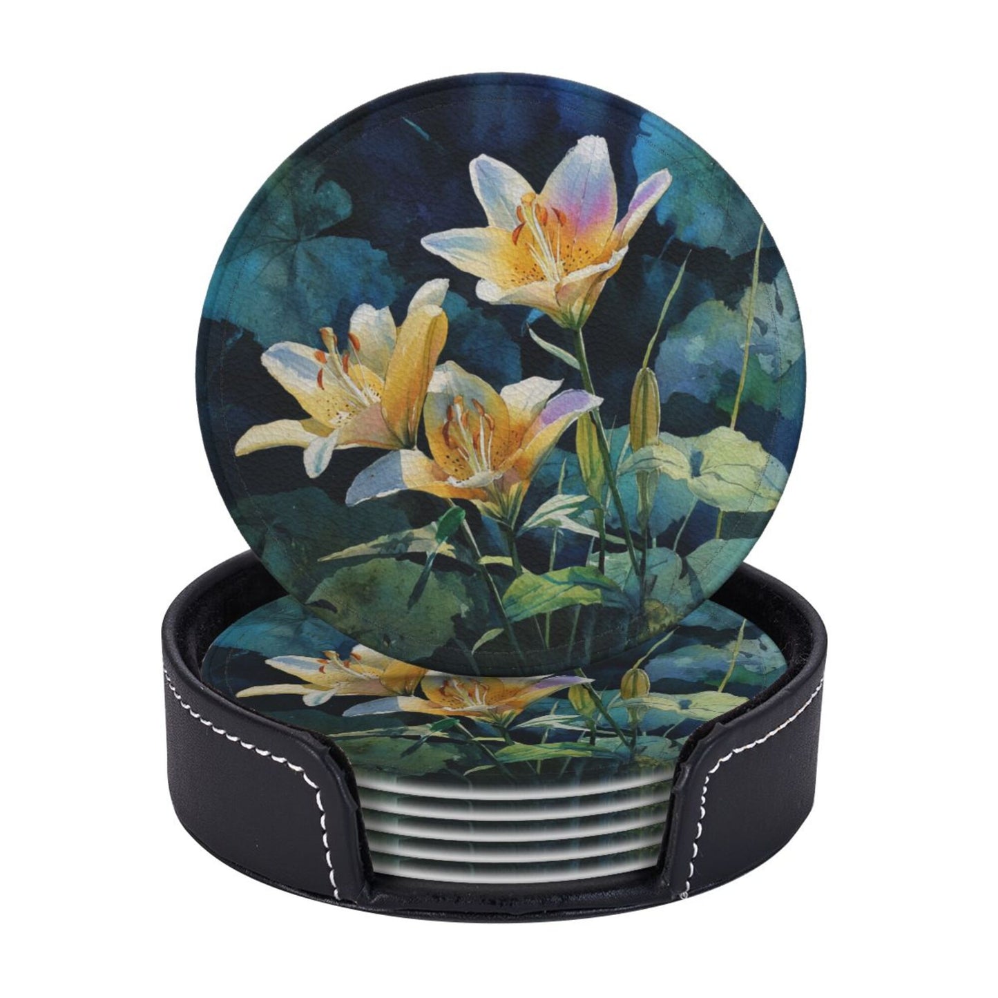 Watercolor Lily Round Leather Coaster Set (6 Pieces with Storage Box) - Floral Pattern Heat - Insulated Cup Pads