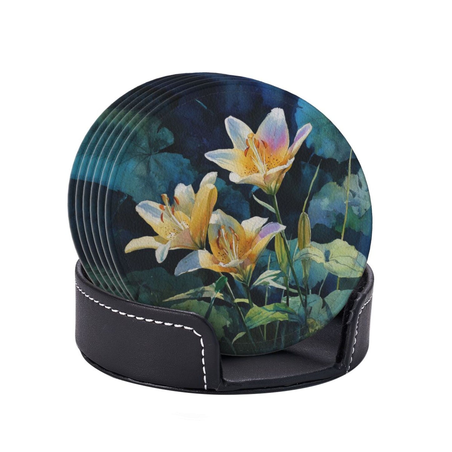 Watercolor Lily Round Leather Coaster Set (6 Pieces with Storage Box) - Floral Pattern Heat - Insulated Cup Pads