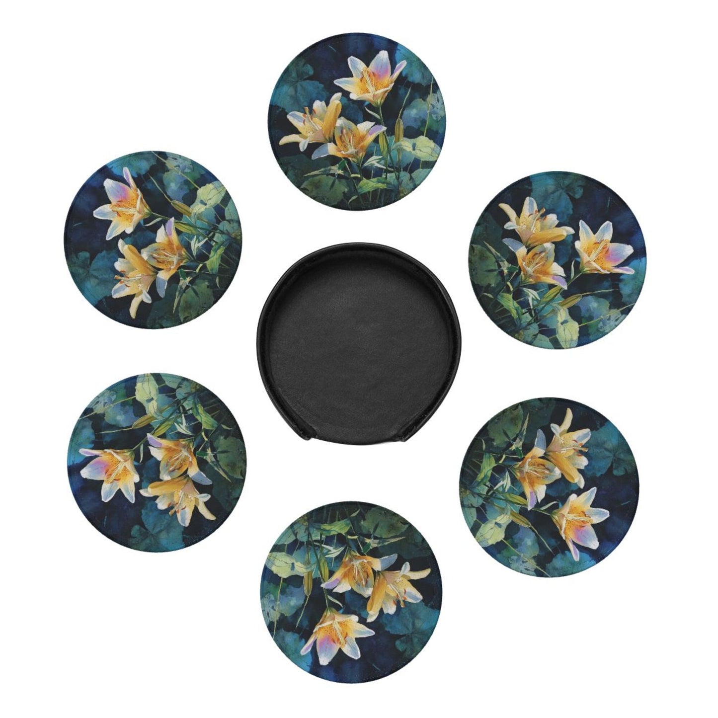 Watercolor Lily Round Leather Coaster Set (6 Pieces with Storage Box) - Floral Pattern Heat - Insulated Cup Pads