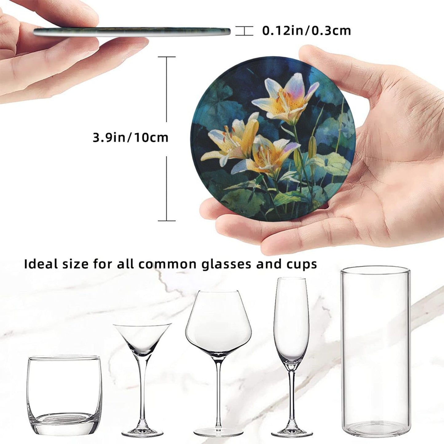 Watercolor Lily Round Leather Coaster Set (6 Pieces with Storage Box) - Floral Pattern Heat - Insulated Cup Pads