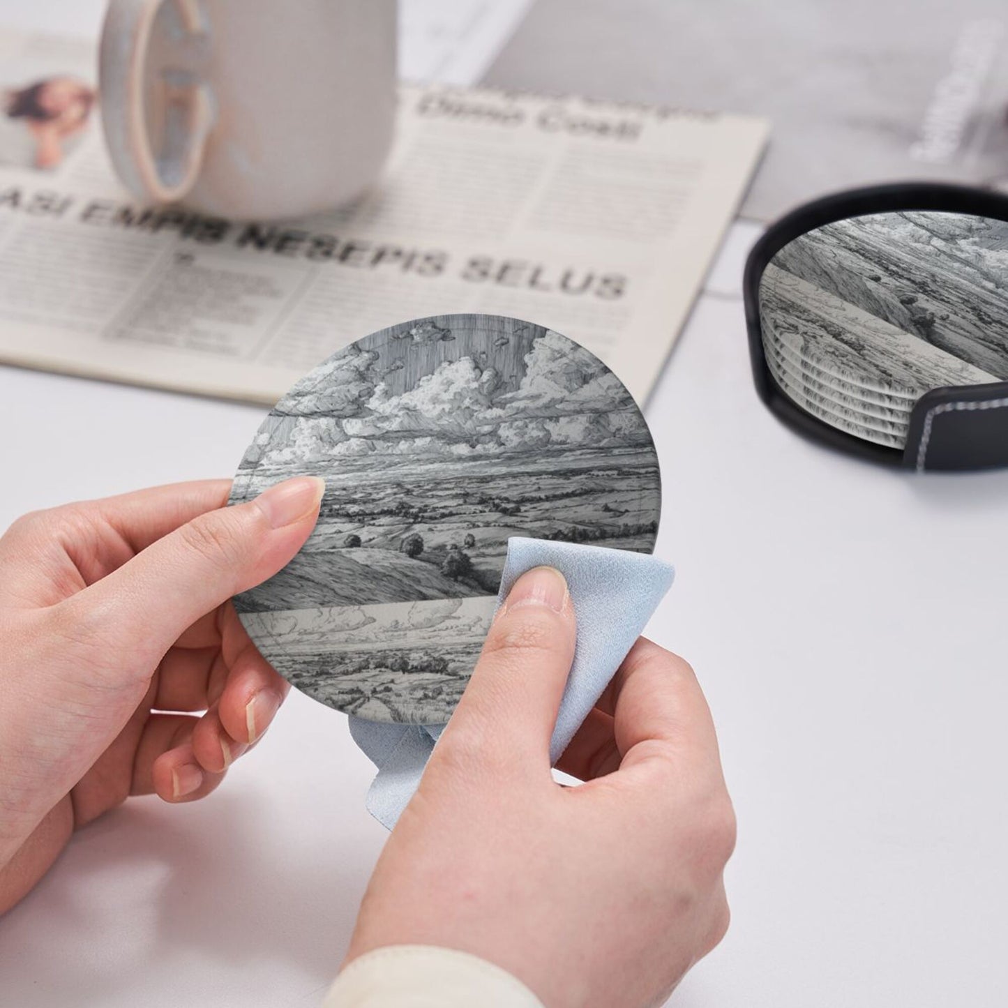 Round Leather Coaster Set of 6 with Holder – Classic Landscape Pattern, Absorbent, Heat Resistant, Non-Slip