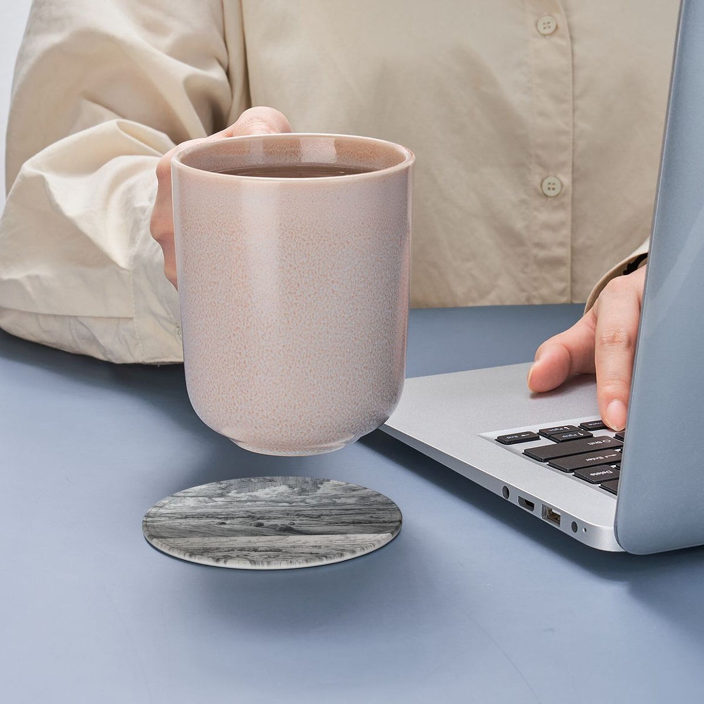 Round Leather Coaster Set of 6 with Holder – Classic Landscape Pattern, Absorbent, Heat Resistant, Non-Slip