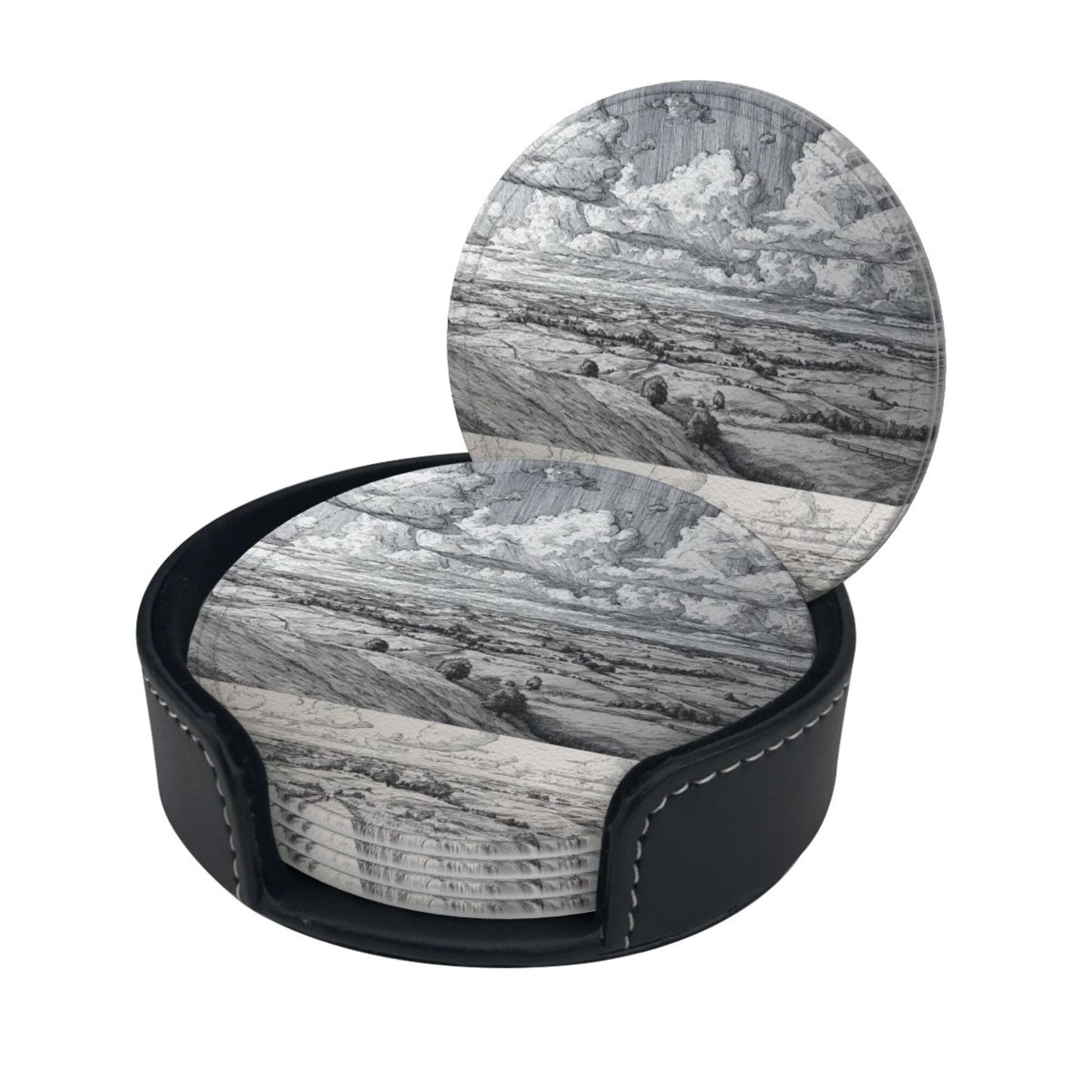 Round Leather Coaster Set of 6 with Holder – Classic Landscape Pattern, Absorbent, Heat Resistant, Non-Slip