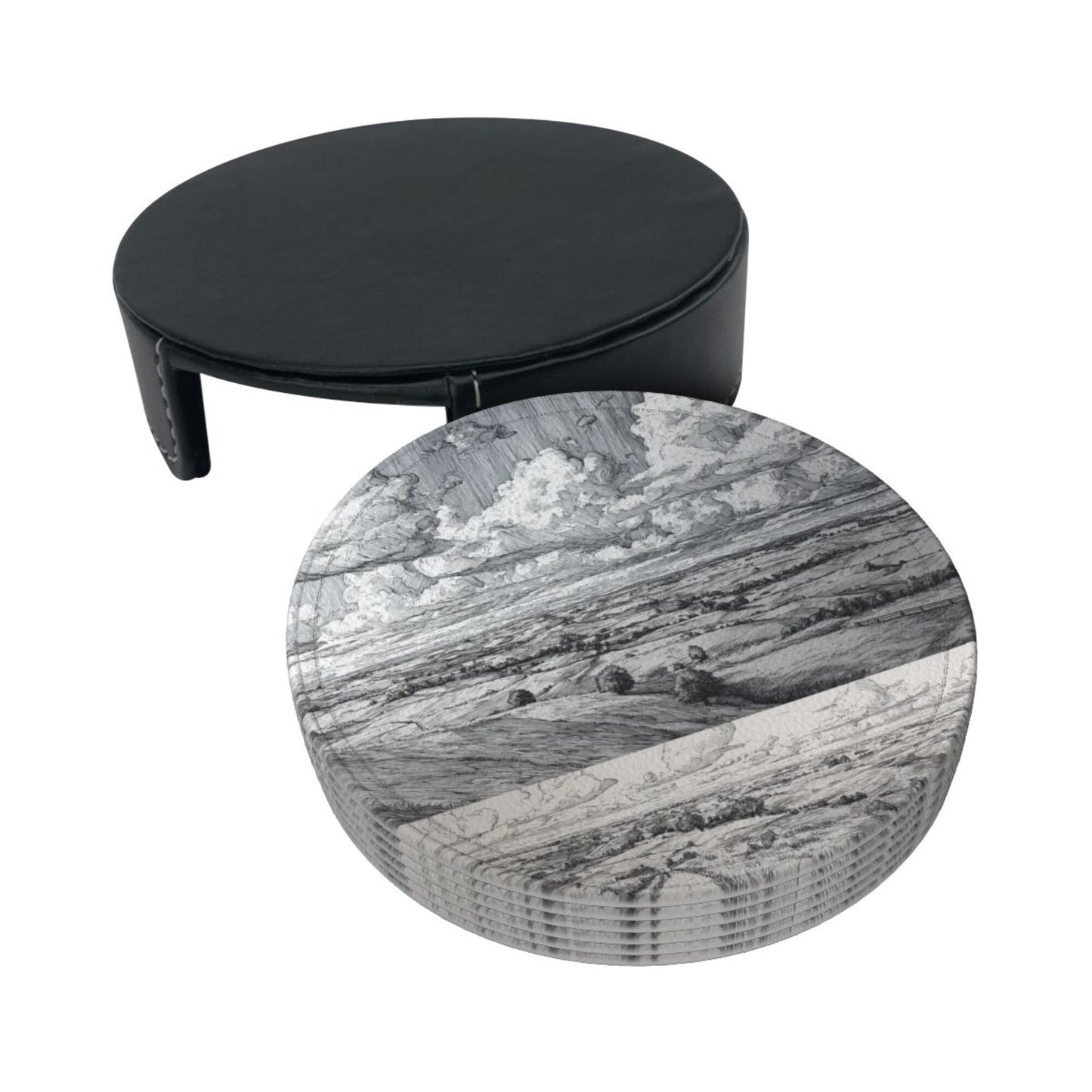 Round Leather Coaster Set of 6 with Holder – Classic Landscape Pattern, Absorbent, Heat Resistant, Non-Slip