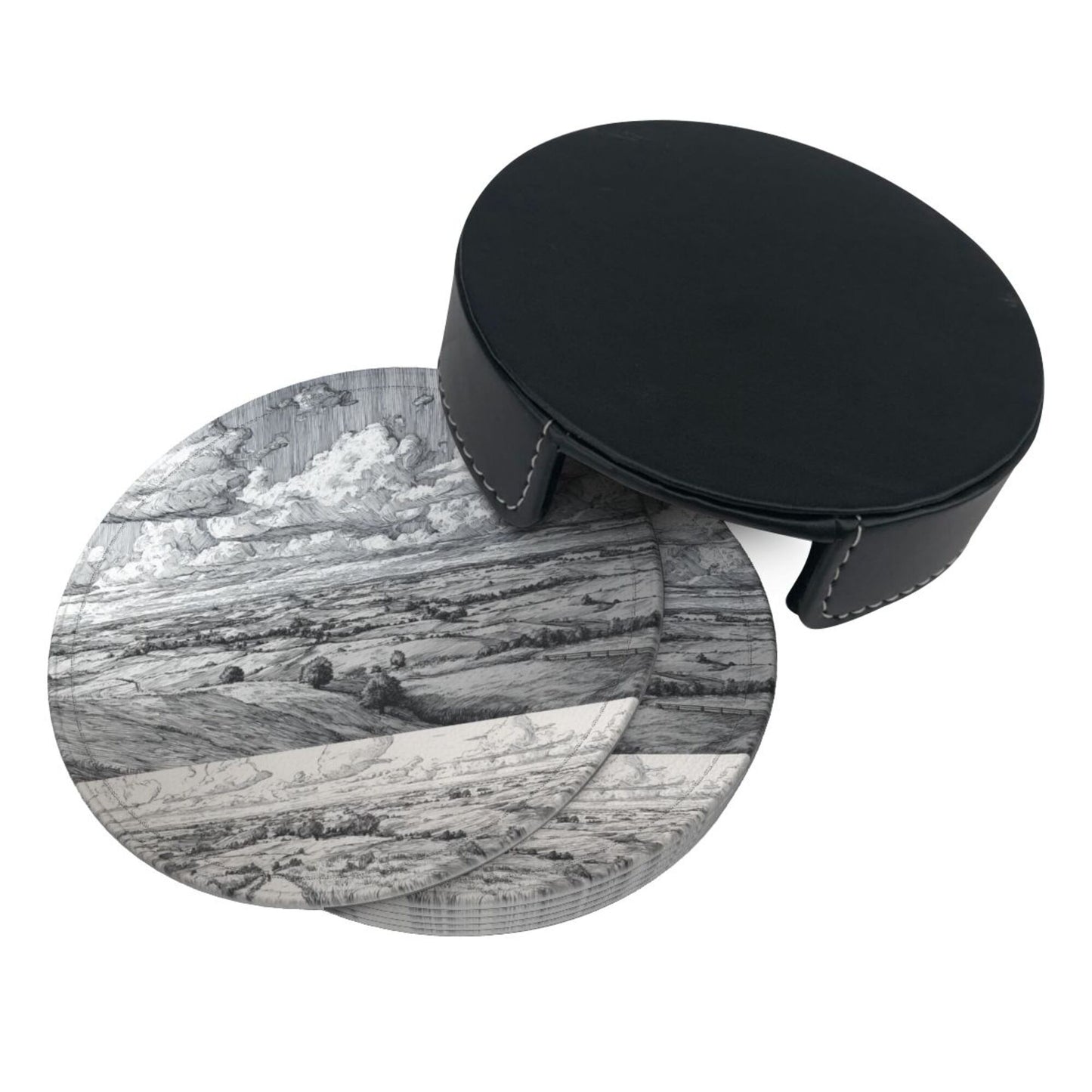 Round Leather Coaster Set of 6 with Holder – Classic Landscape Pattern, Absorbent, Heat Resistant, Non-Slip