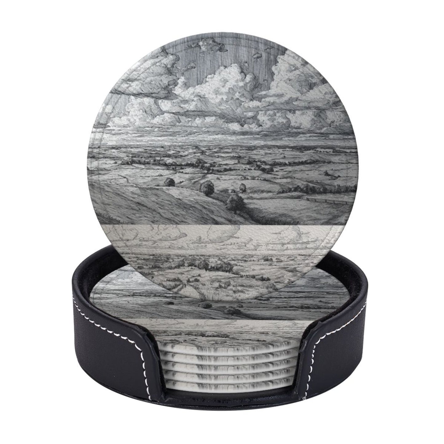 Round Leather Coaster Set of 6 with Holder – Classic Landscape Pattern, Absorbent, Heat Resistant, Non-Slip