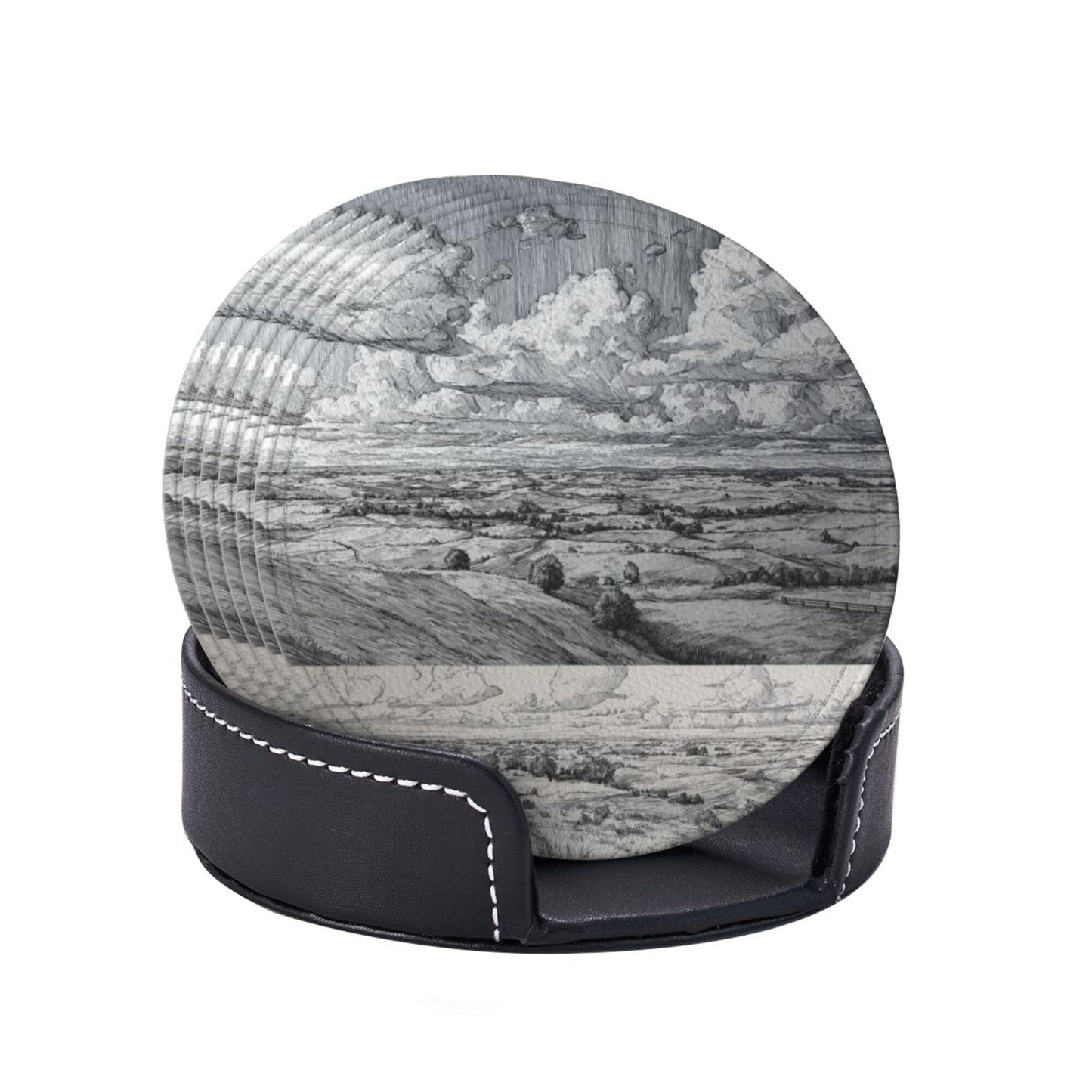 Round Leather Coaster Set of 6 with Holder – Classic Landscape Pattern, Absorbent, Heat Resistant, Non-Slip