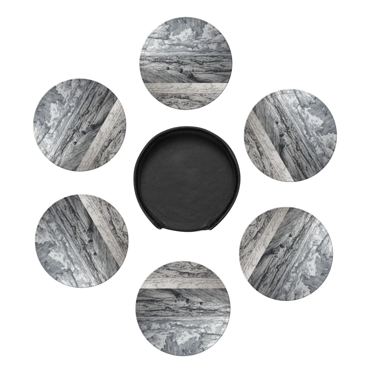 Round Leather Coaster Set of 6 with Holder – Classic Landscape Pattern, Absorbent, Heat Resistant, Non-Slip