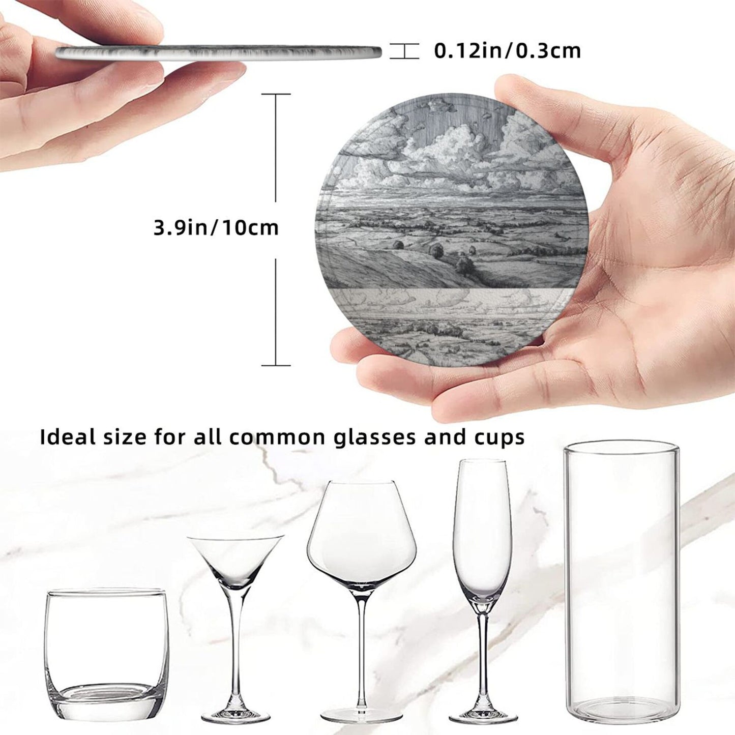 Round Leather Coaster Set of 6 with Holder – Classic Landscape Pattern, Absorbent, Heat Resistant, Non-Slip