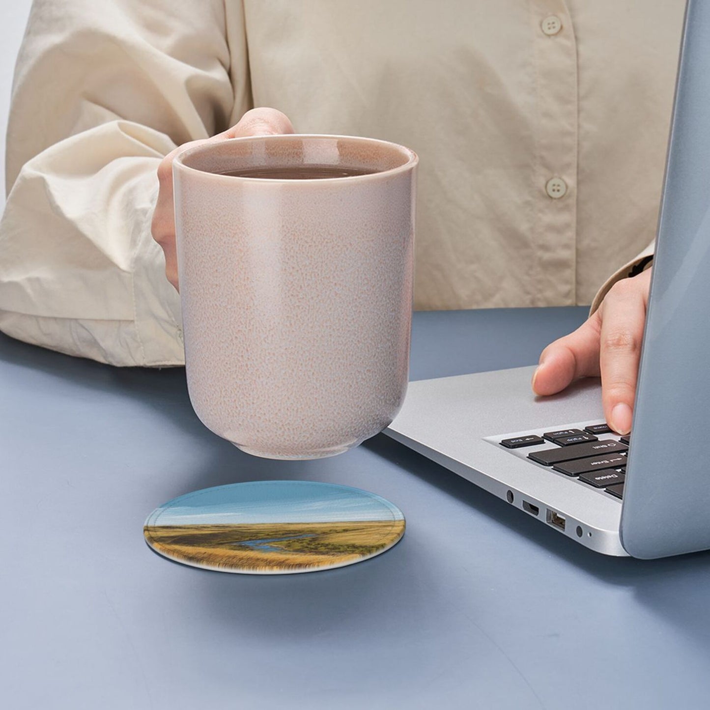 Artistic Landscape - Patterned Round Leather Coaster Set (6 Pieces + Storage Box) - Heat - Insulated Desktop Decorative Coasters
