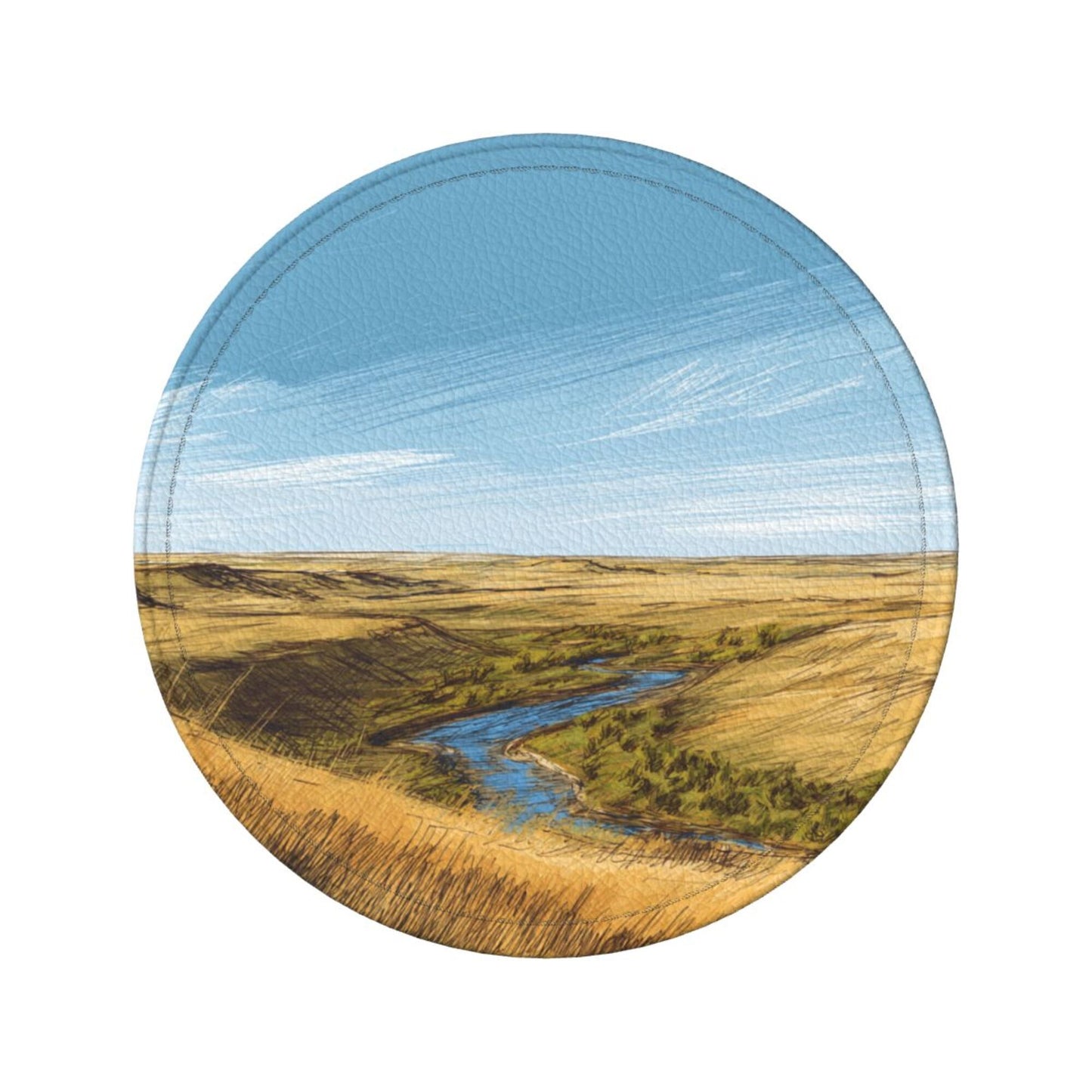 Artistic Landscape - Patterned Round Leather Coaster Set (6 Pieces + Storage Box) - Heat - Insulated Desktop Decorative Coasters
