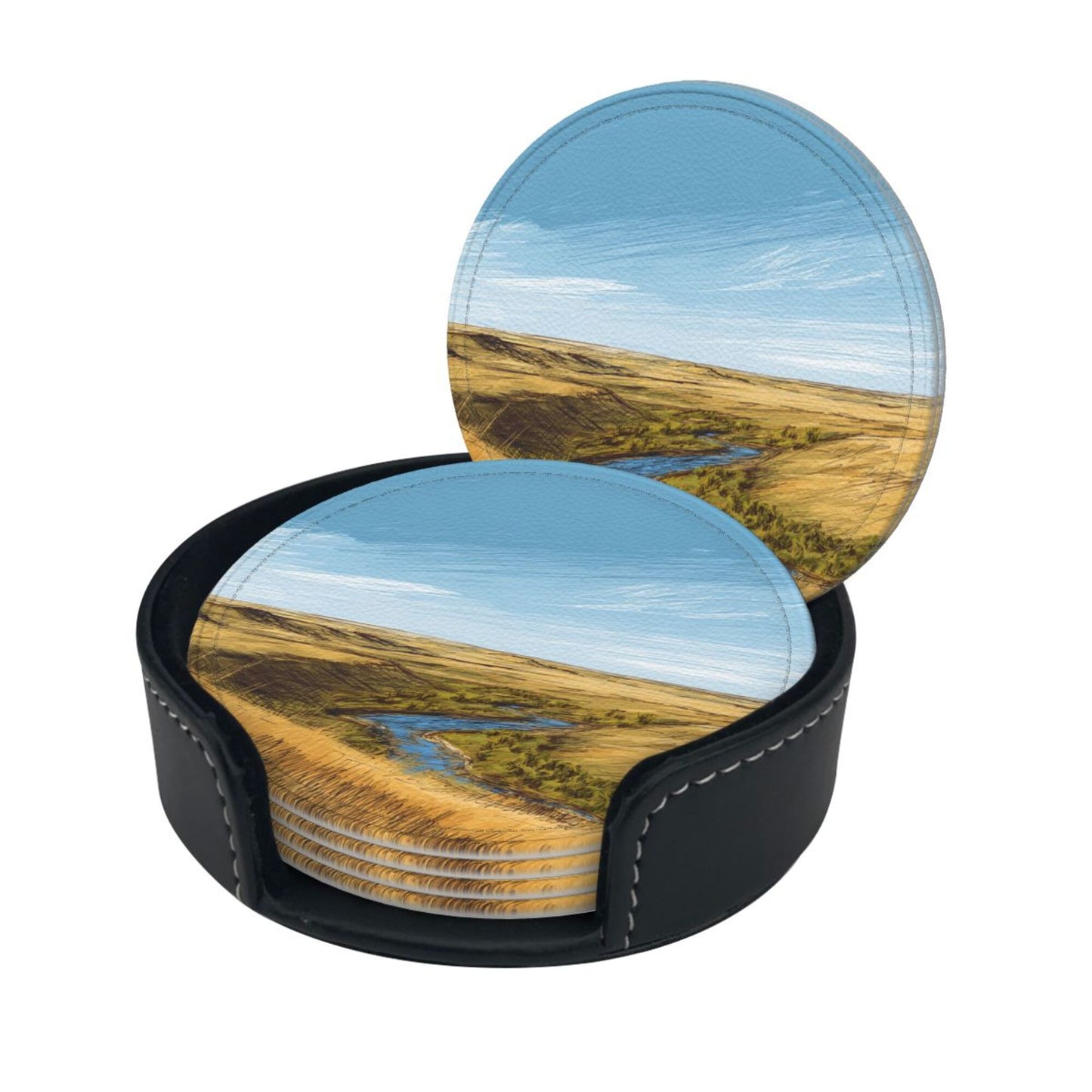Artistic Landscape - Patterned Round Leather Coaster Set (6 Pieces + Storage Box) - Heat - Insulated Desktop Decorative Coasters