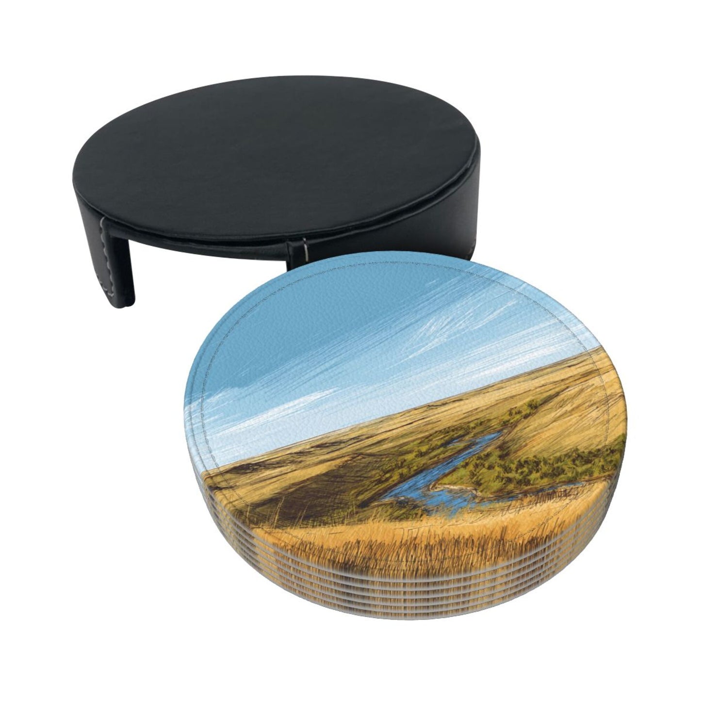 Artistic Landscape - Patterned Round Leather Coaster Set (6 Pieces + Storage Box) - Heat - Insulated Desktop Decorative Coasters