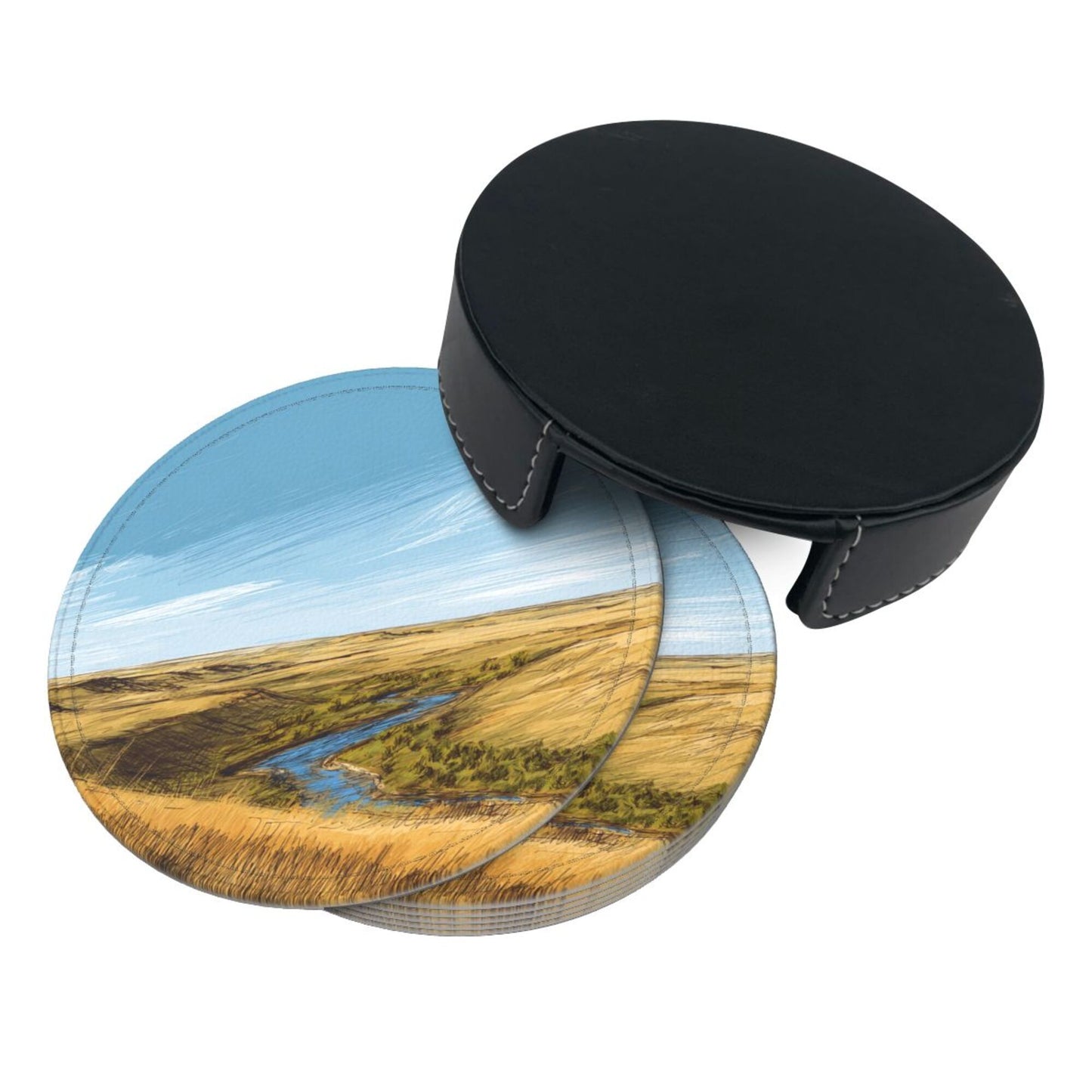 Artistic Landscape - Patterned Round Leather Coaster Set (6 Pieces + Storage Box) - Heat - Insulated Desktop Decorative Coasters