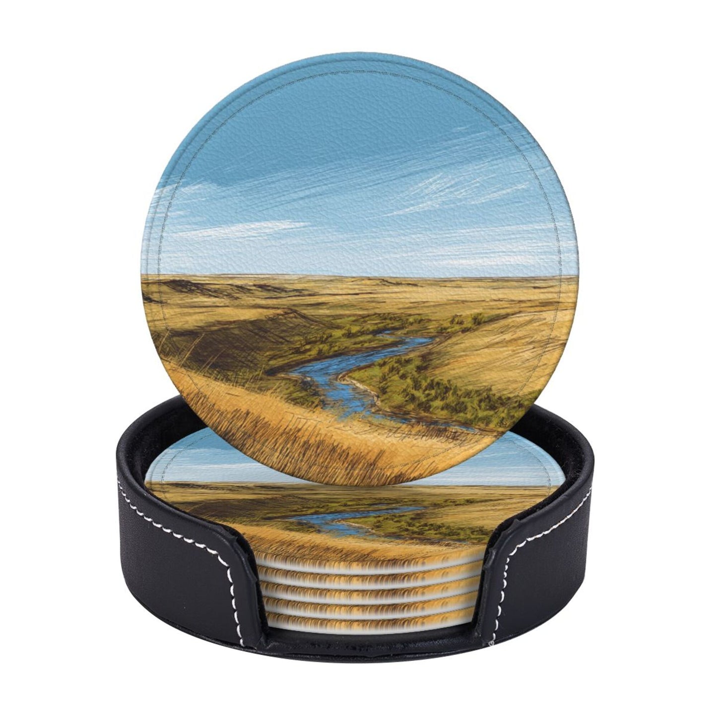 Artistic Landscape - Patterned Round Leather Coaster Set (6 Pieces + Storage Box) - Heat - Insulated Desktop Decorative Coasters