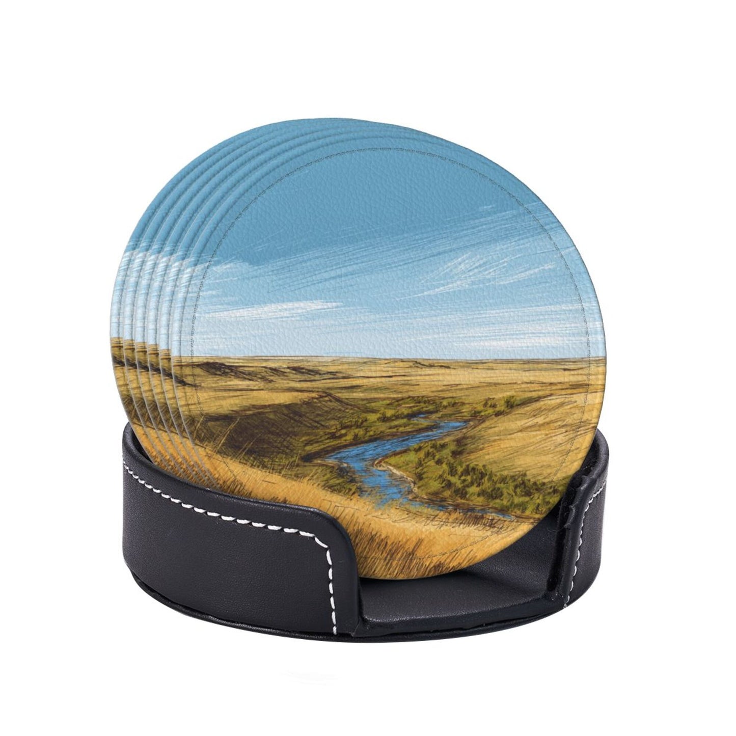 Artistic Landscape - Patterned Round Leather Coaster Set (6 Pieces + Storage Box) - Heat - Insulated Desktop Decorative Coasters