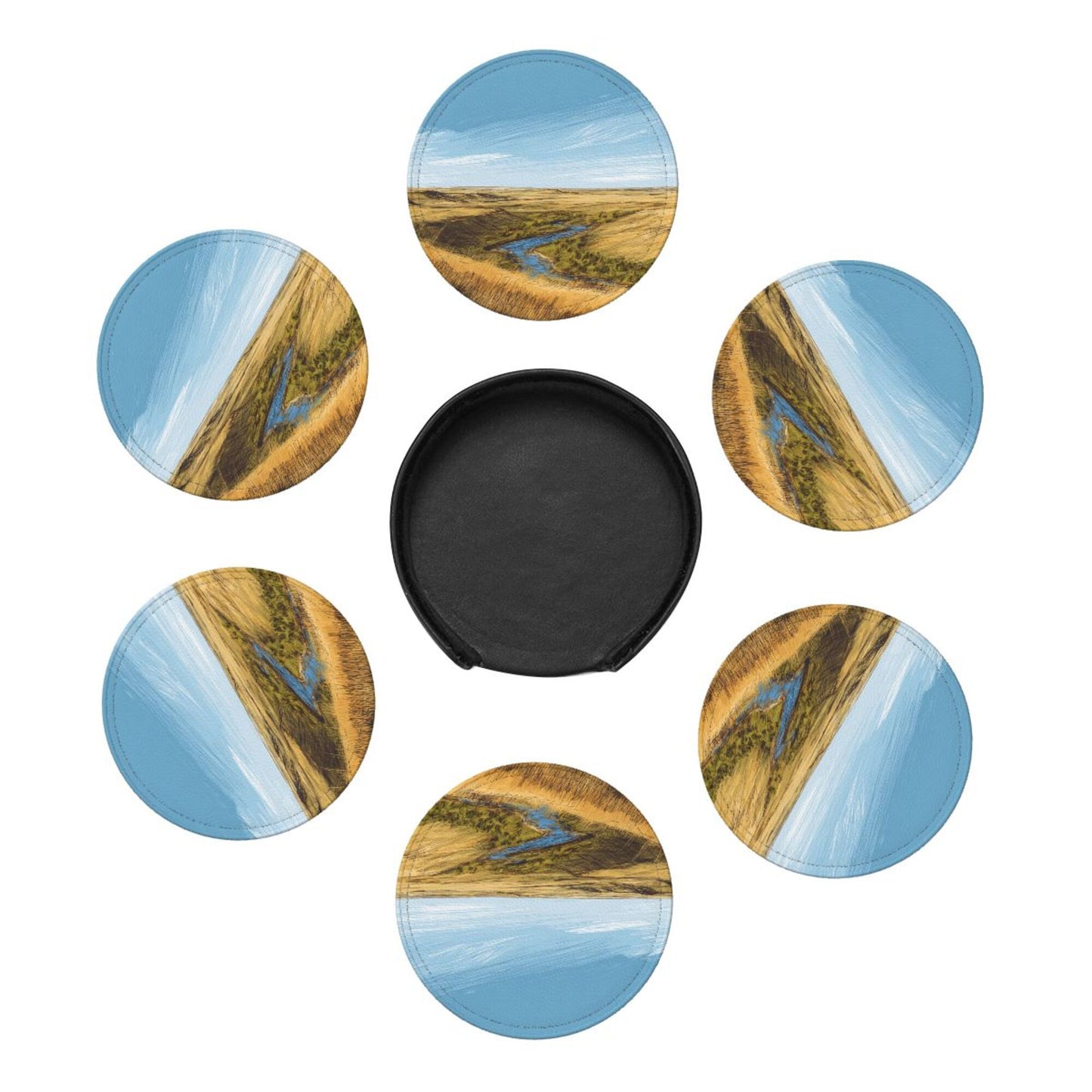 Artistic Landscape - Patterned Round Leather Coaster Set (6 Pieces + Storage Box) - Heat - Insulated Desktop Decorative Coasters