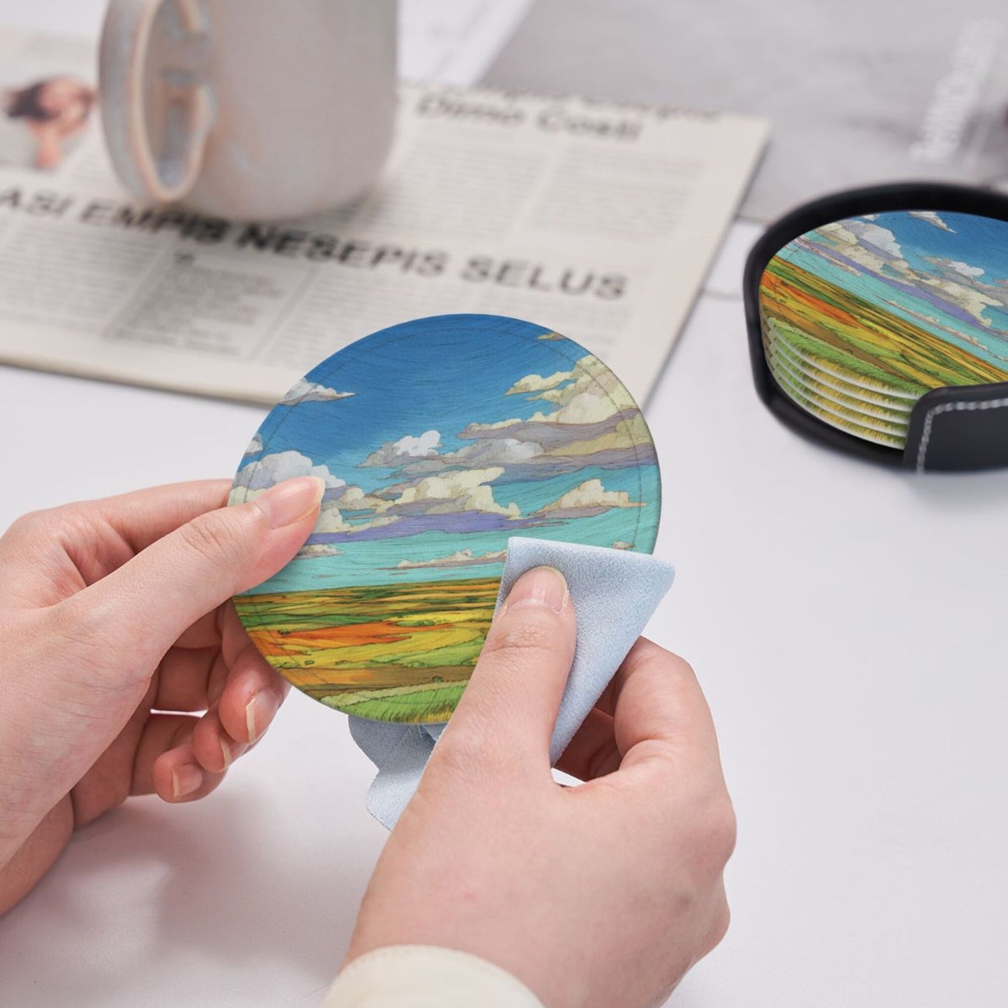 Vibrant Landscape - Printed Round Leather Coaster Set (6 - Piece with Storage Holder)