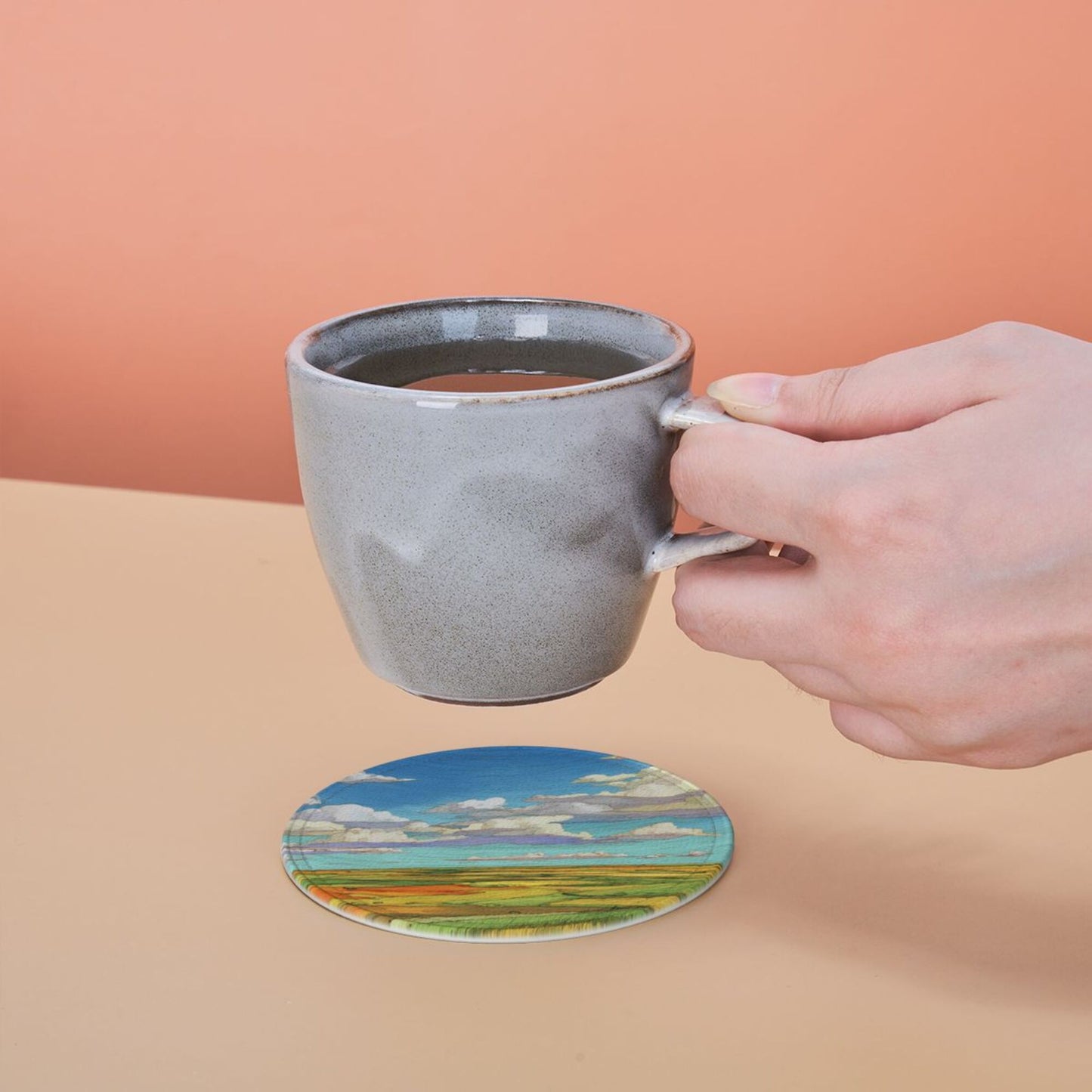 Vibrant Landscape - Printed Round Leather Coaster Set (6 - Piece with Storage Holder)